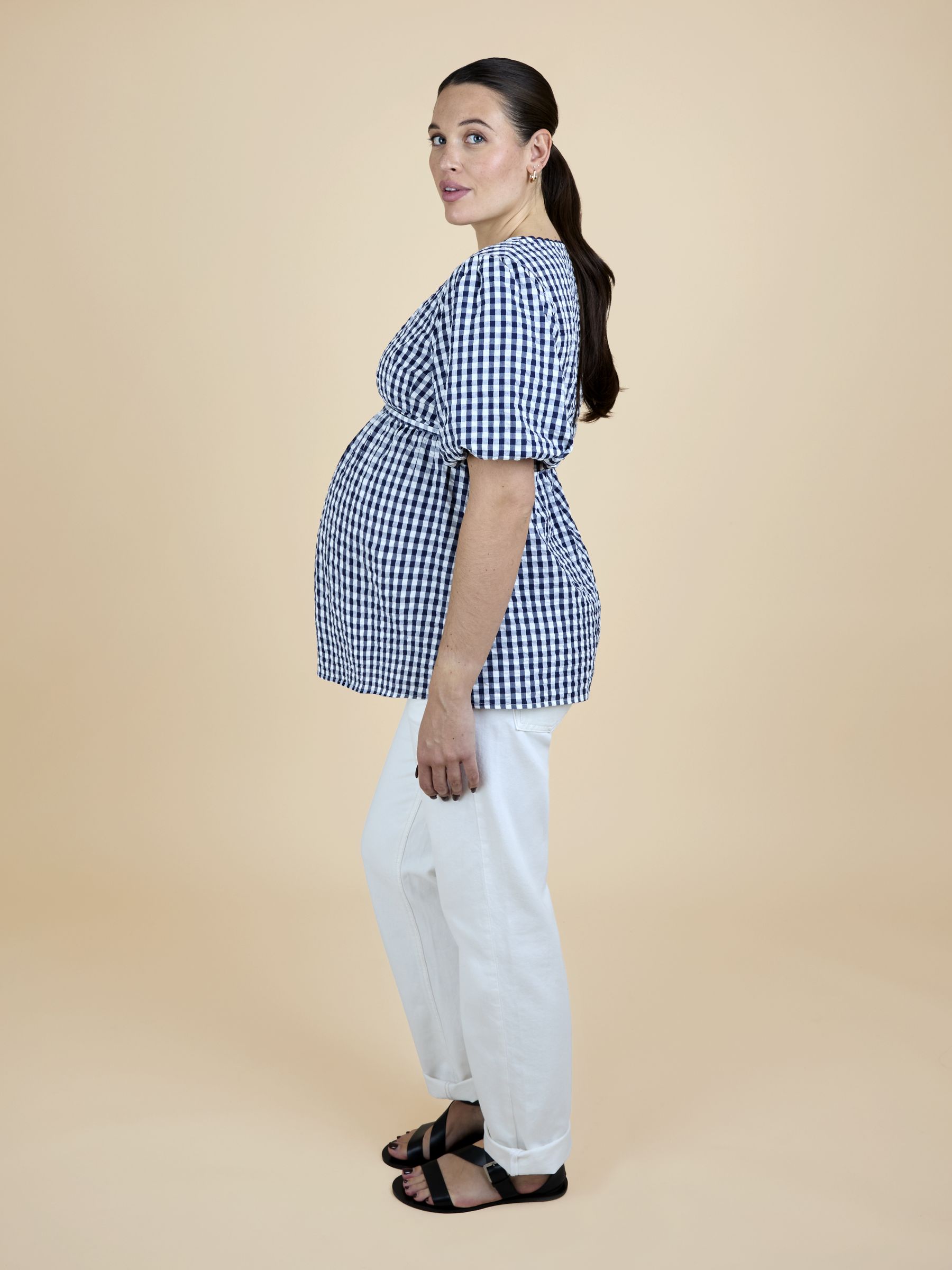 Navy Blue Gingham Puff Sleeve Wrap Maternity Top - Image 3 of 5