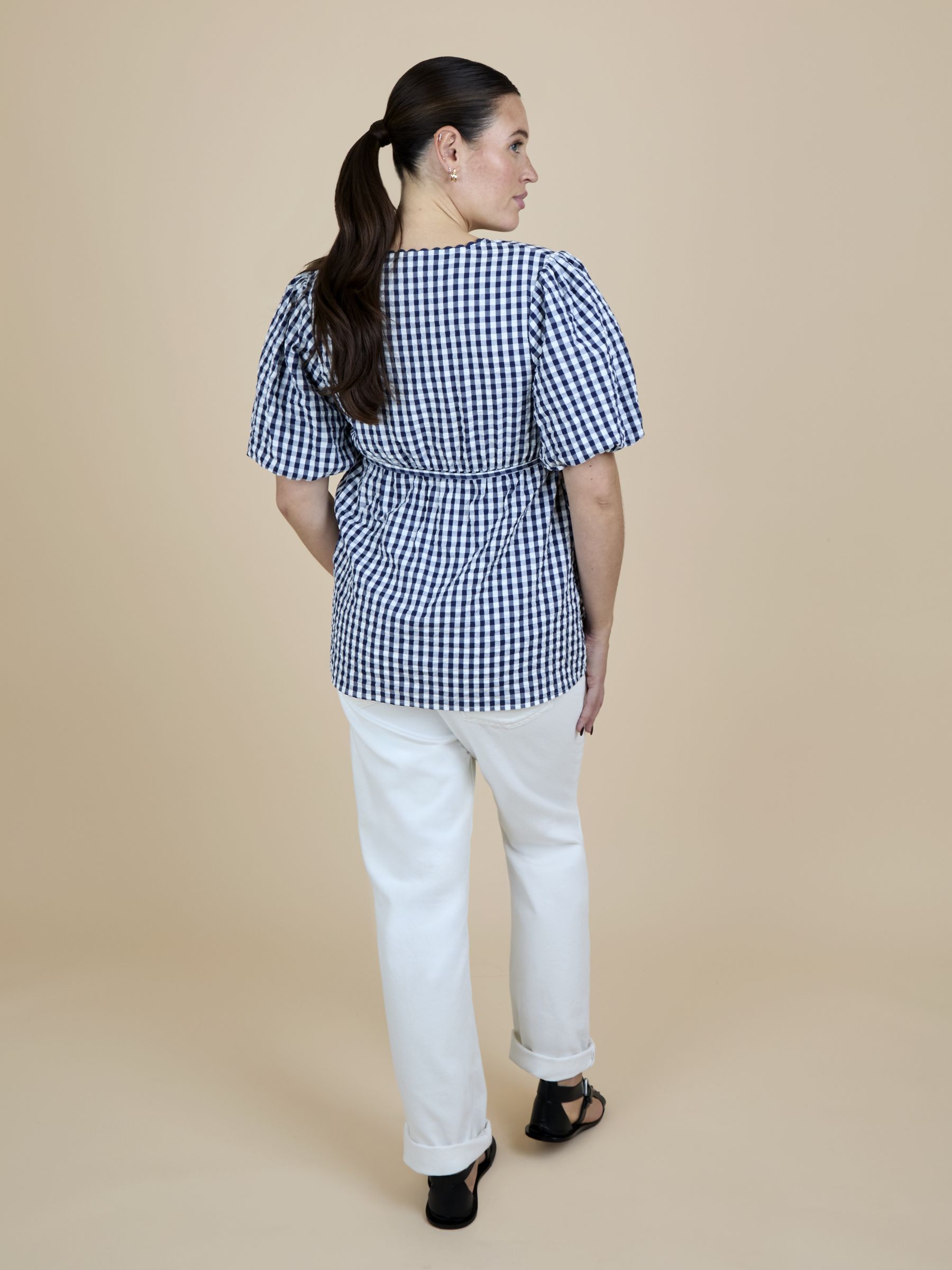 Navy Blue Gingham Puff Sleeve Wrap Maternity Top - Image 4 of 5