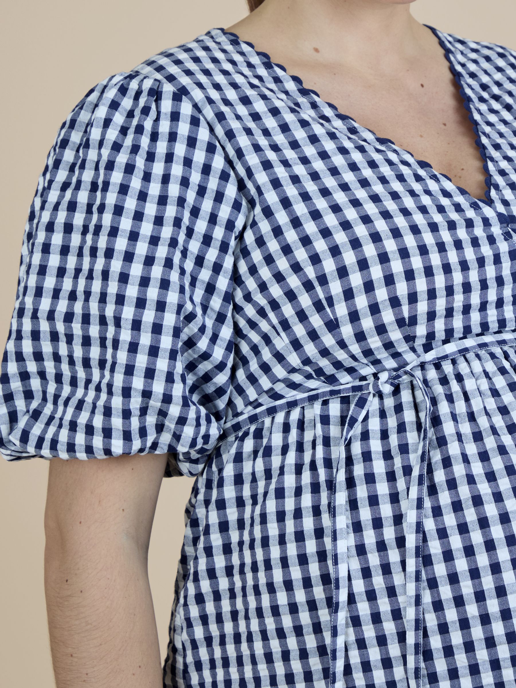 Navy Blue Gingham Puff Sleeve Wrap Maternity Top - Image 5 of 5