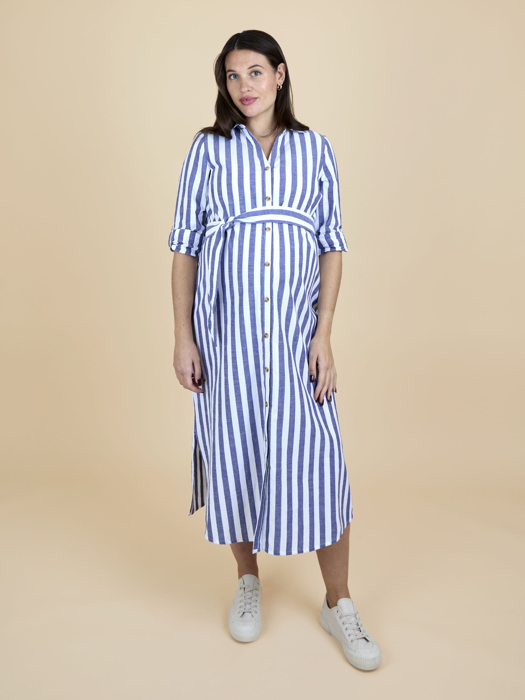 Bright Blue Stripe Long Sleeve Maternity Shirt Midi Dress - Image 2 of 6 Bright Blue Stripe Long Sleeve Maternity Shirt Midi Dress - Image 2 of 6