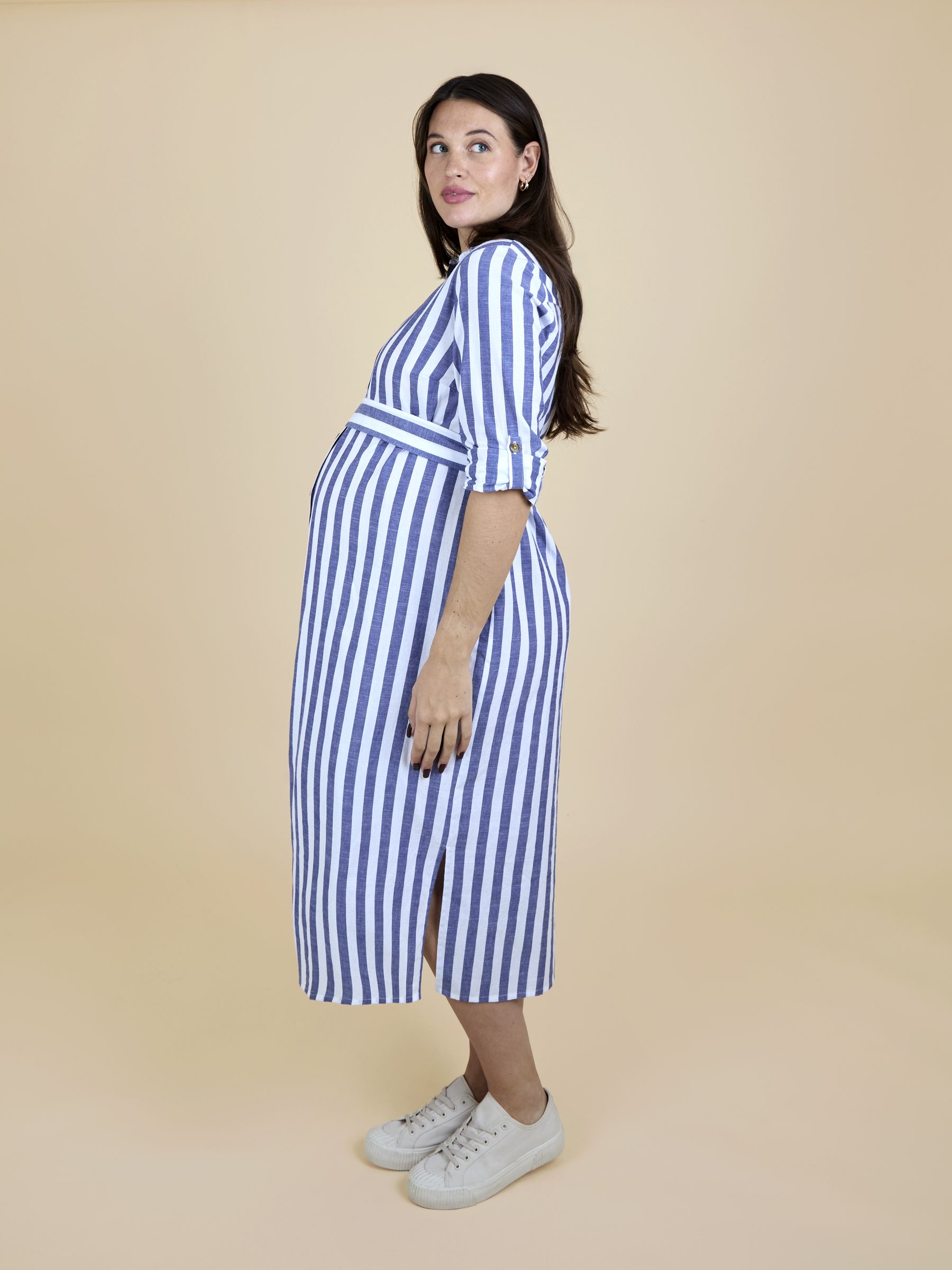 Bright Blue Stripe Long Sleeve Maternity Shirt Midi Dress - Image 3 of 6