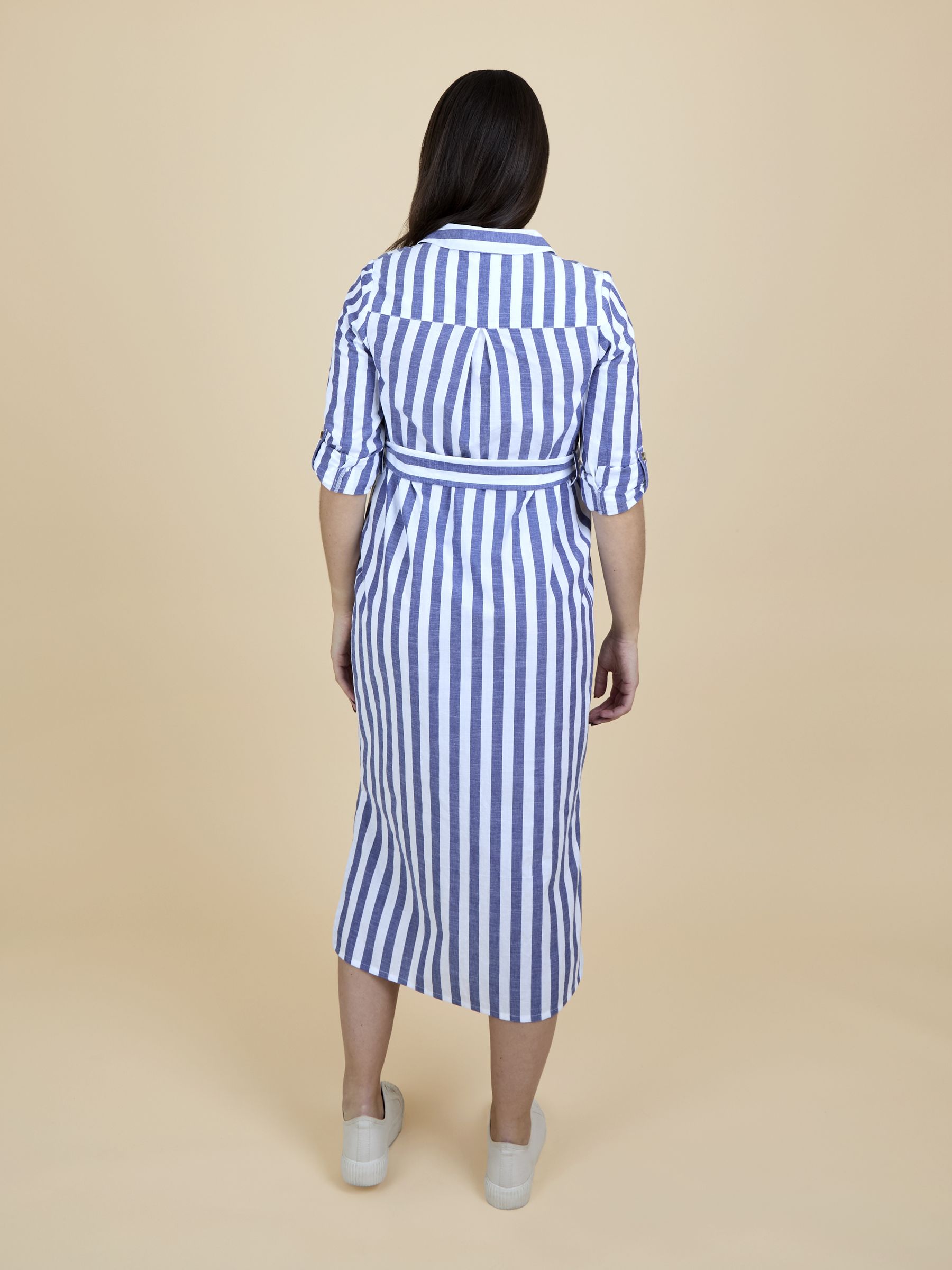 Bright Blue Stripe Long Sleeve Maternity Shirt Midi Dress - Image 4 of 6