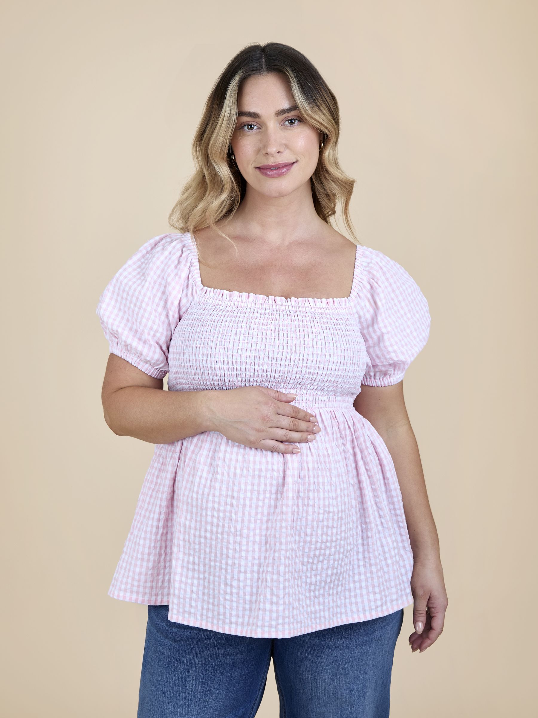 Bright Pink Gingham Puff Sleeve Wrap Maternity Top - Image 1 of 4