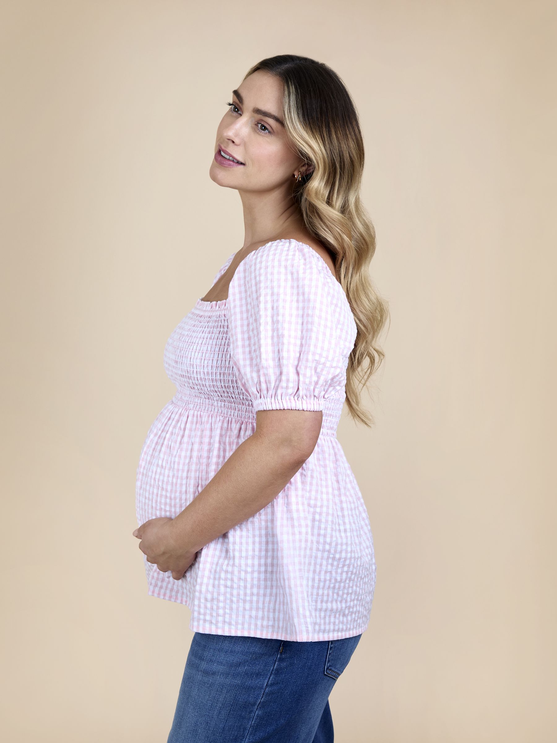 Bright Pink Gingham Puff Sleeve Wrap Maternity Top - Image 2 of 4