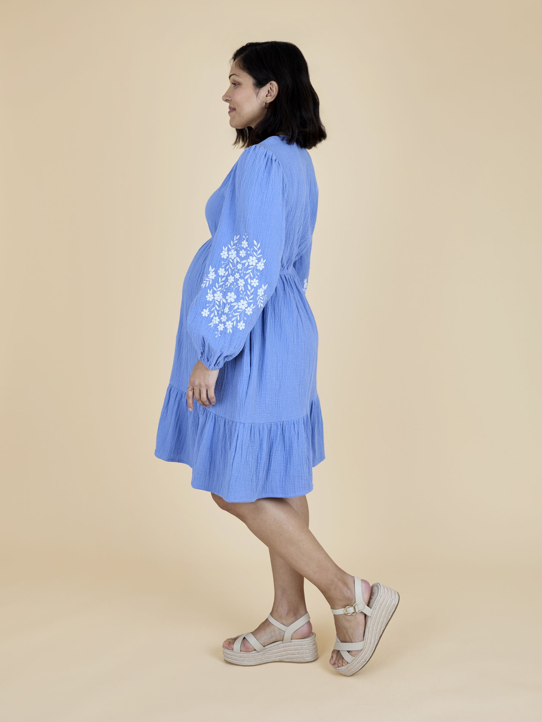 Blue Embroidered Sleeve Textured Button Front Mini Dress - Image 2 of 5