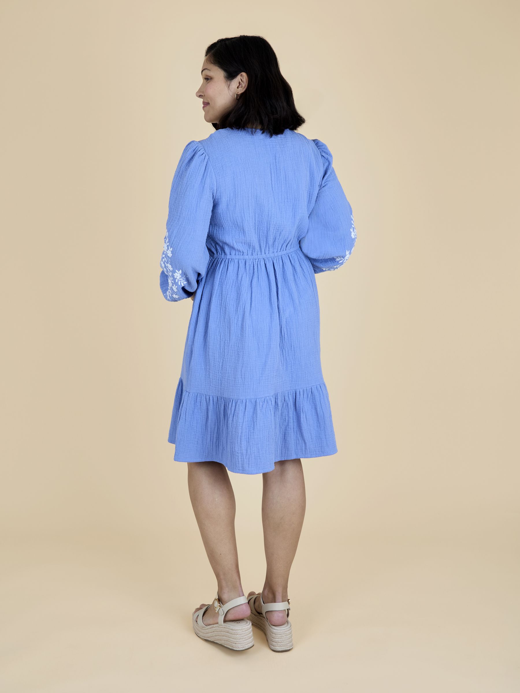 Blue Embroidered Sleeve Textured Button Front Mini Dress - Image 3 of 5