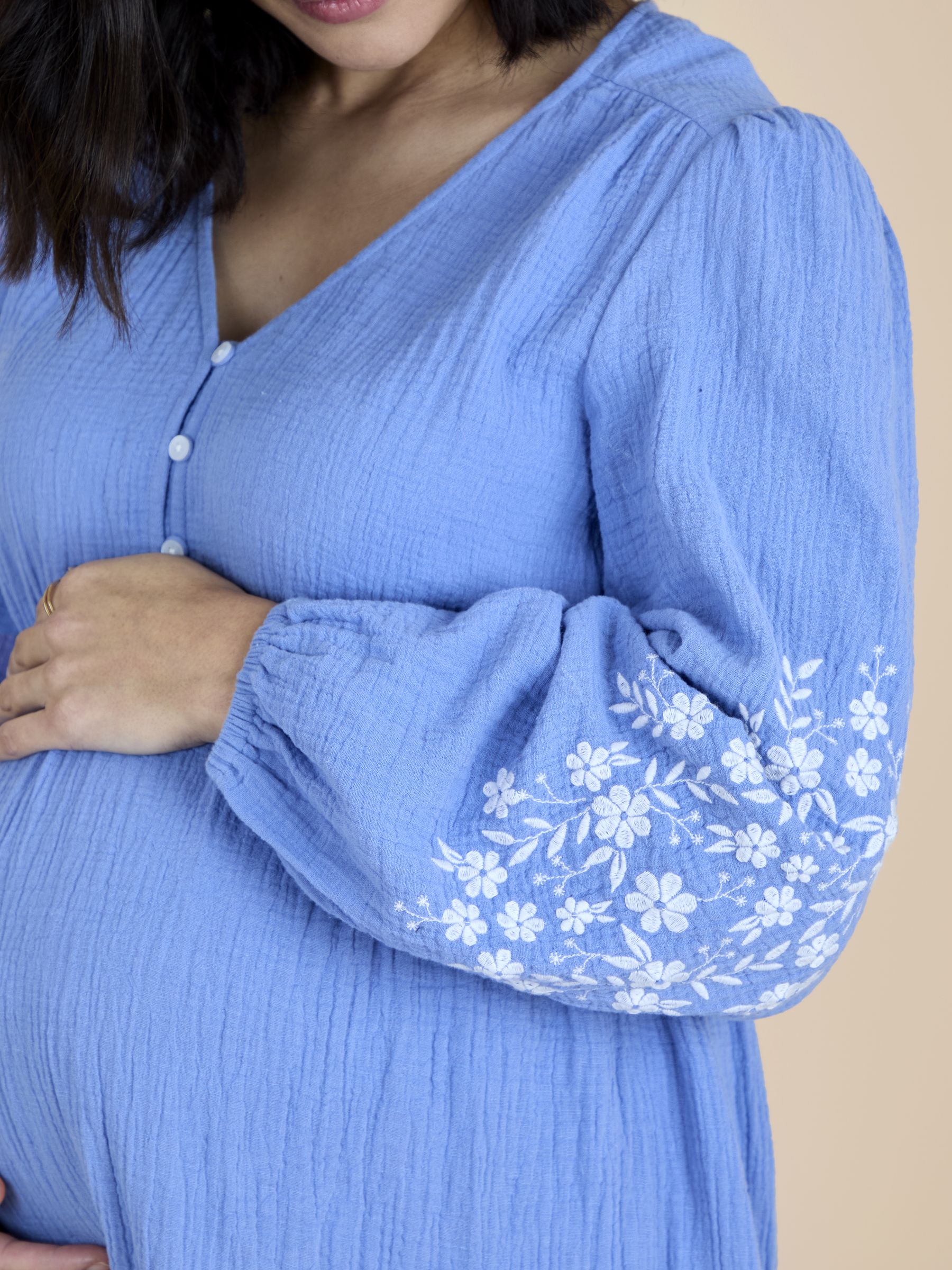 Blue Embroidered Sleeve Textured Button Front Mini Dress - Image 5 of 5