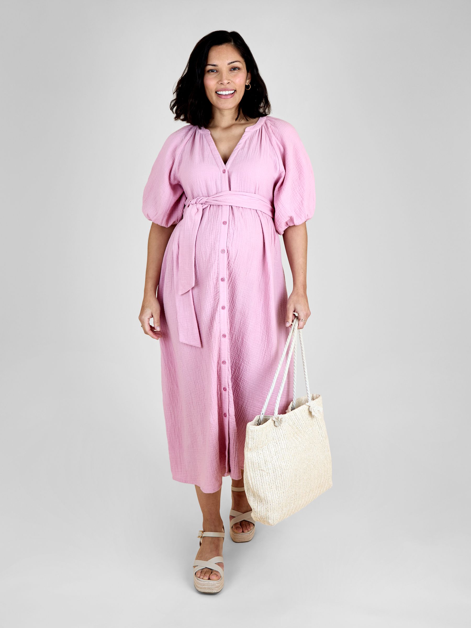 Rose Pink Textured Button Through Maternity Shirt Dress - Image 1 of 5 Rose Pink Textured Button Through Maternity Shirt Dress - Image 1 of 5