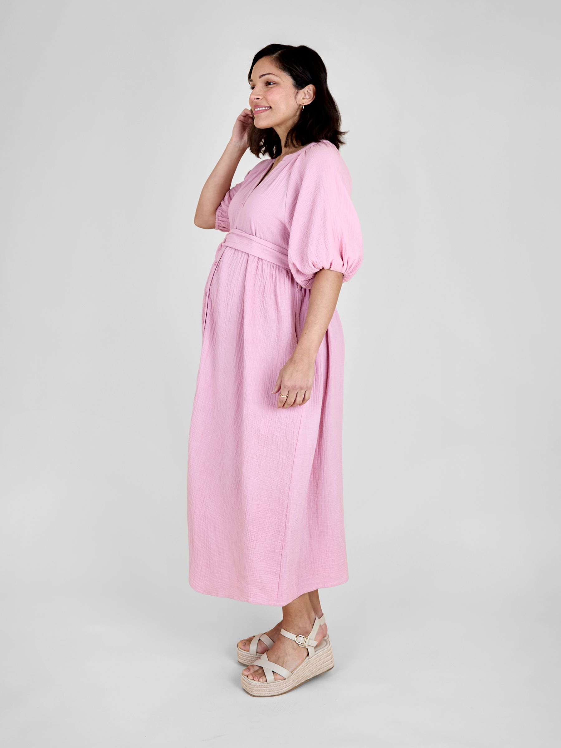 Rose Pink Textured Button Through Maternity Shirt Dress - Image 2 of 5