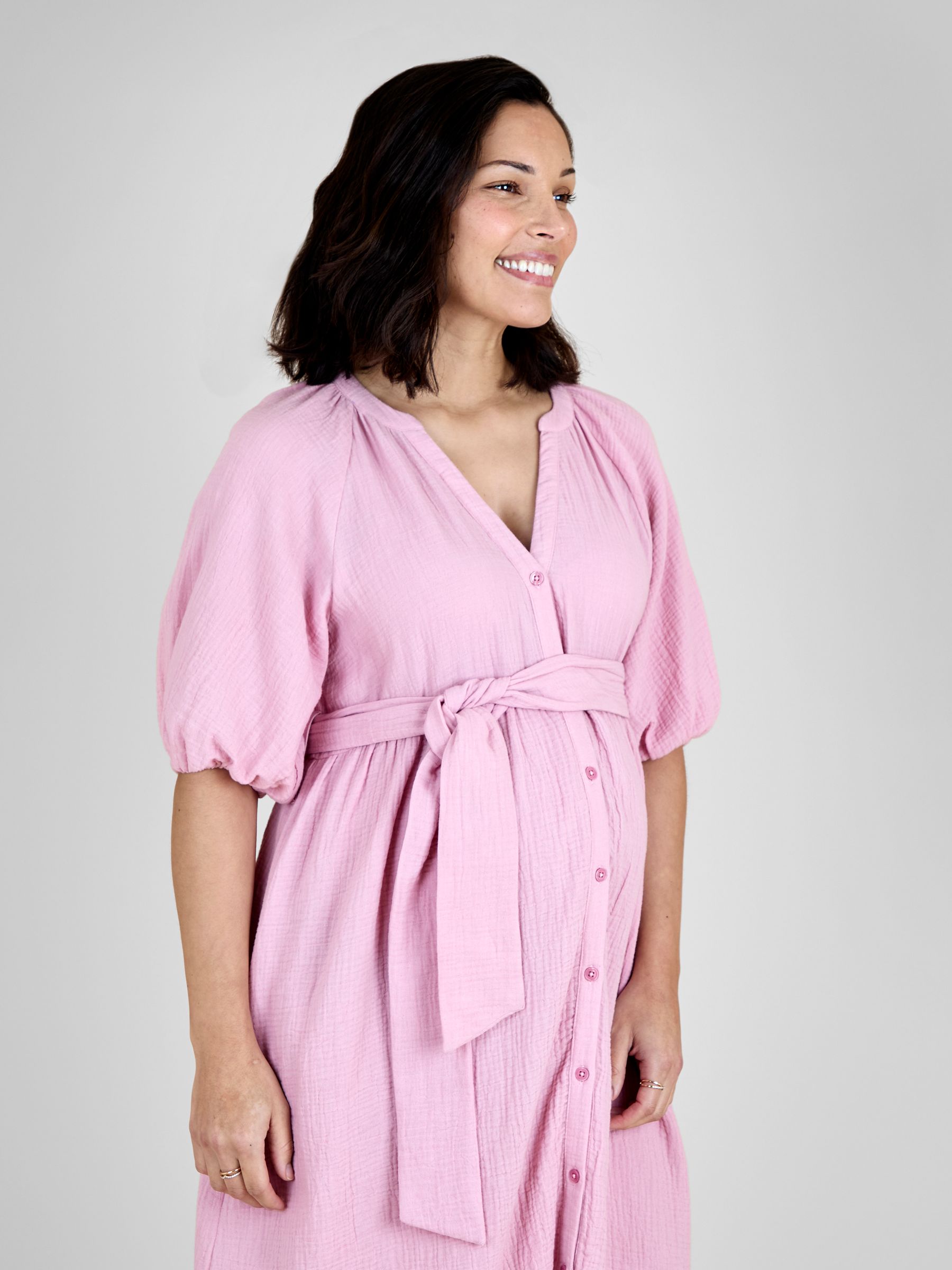 Rose Pink Textured Button Through Maternity Shirt Dress - Image 4 of 5