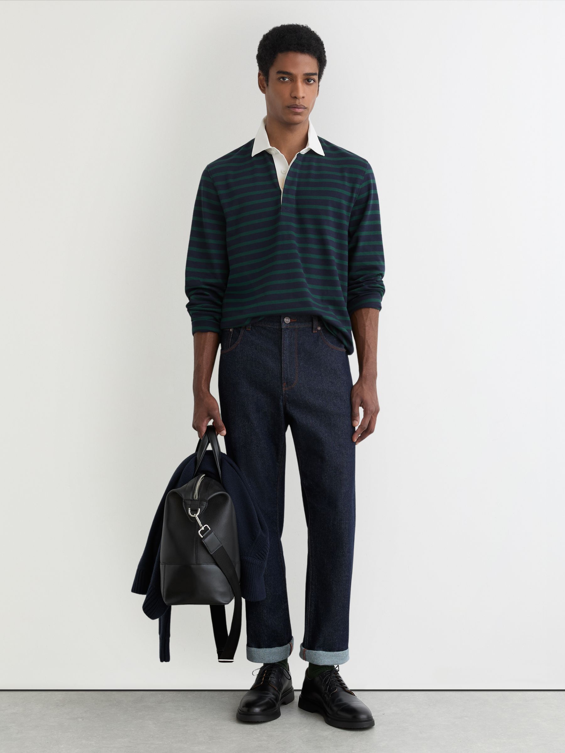 Cotton Rugby-Stripe Polo Shirt in Navy/Green - Image 1 of 7