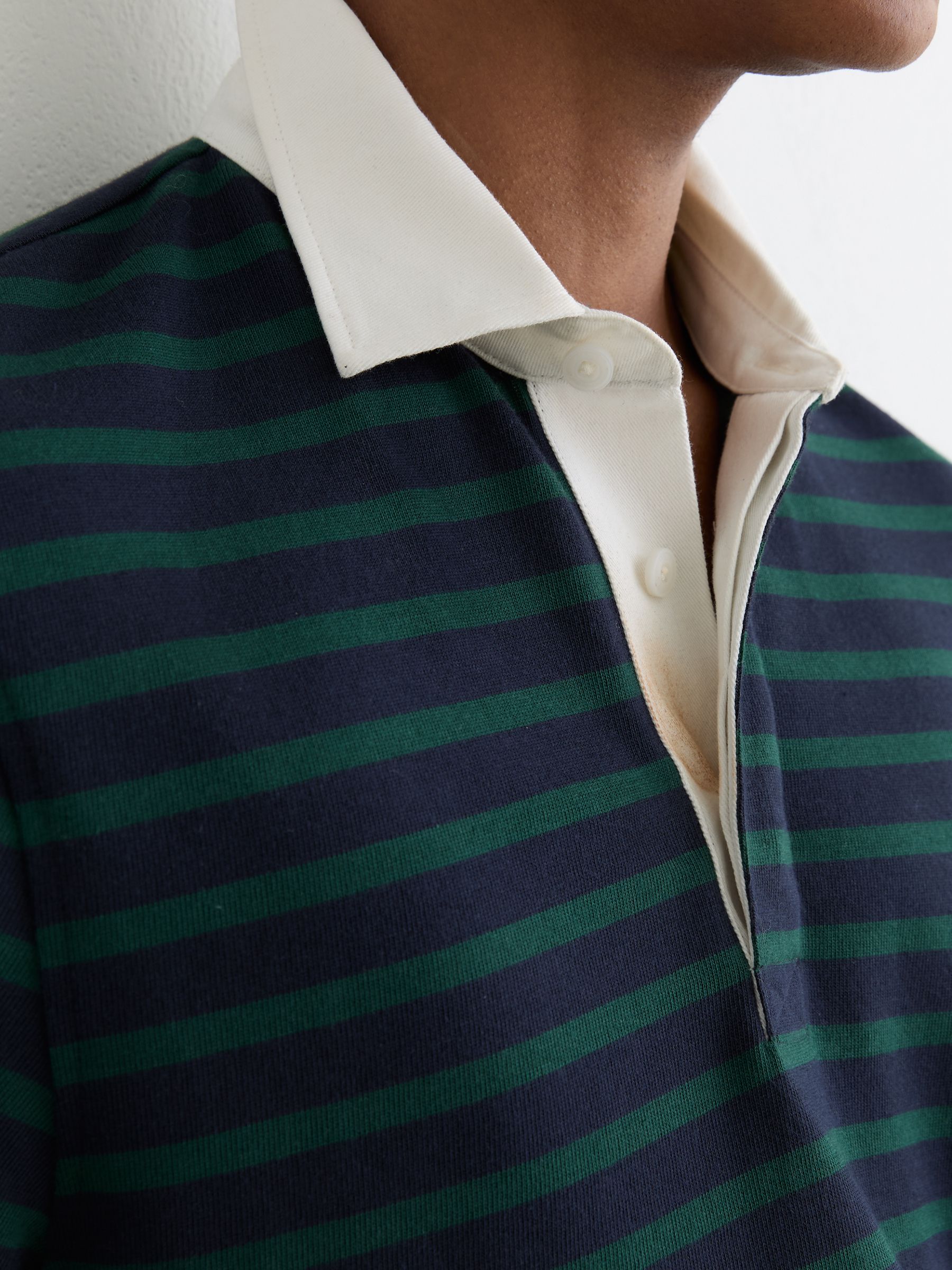 Cotton Rugby-Stripe Polo Shirt in Navy/Green - Image 3 of 7