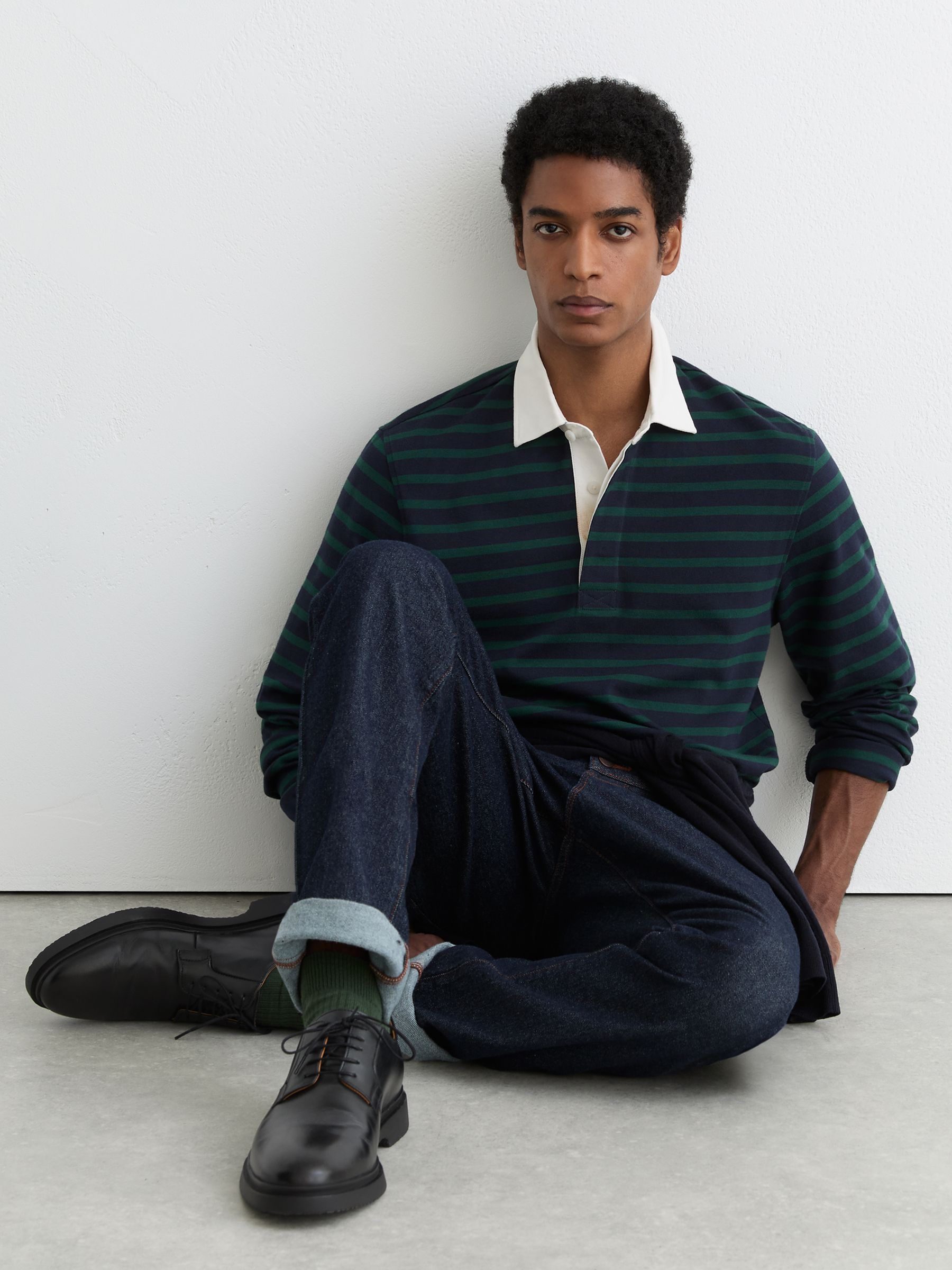 Cotton Rugby-Stripe Polo Shirt in Navy/Green - Image 4 of 7