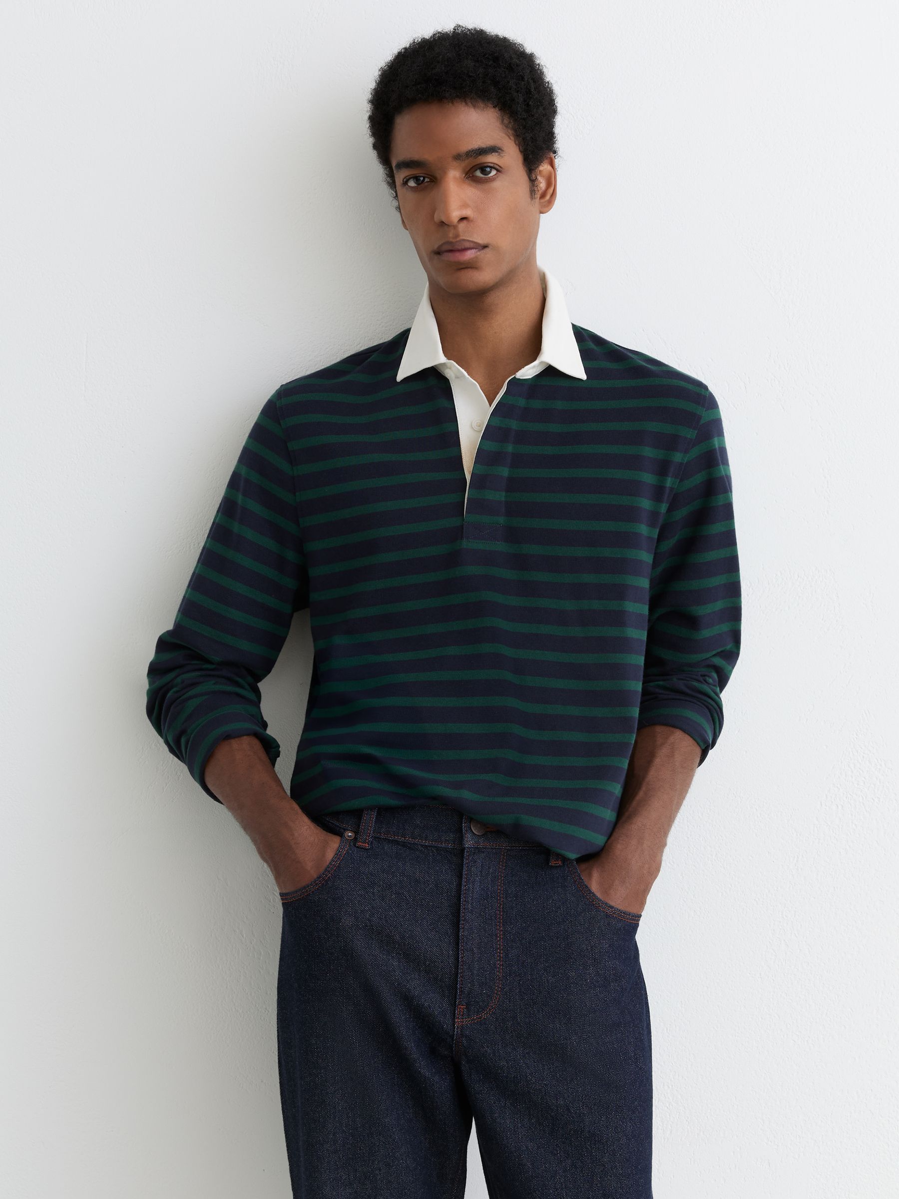 Cotton Rugby-Stripe Polo Shirt in Navy/Green - Image 5 of 7