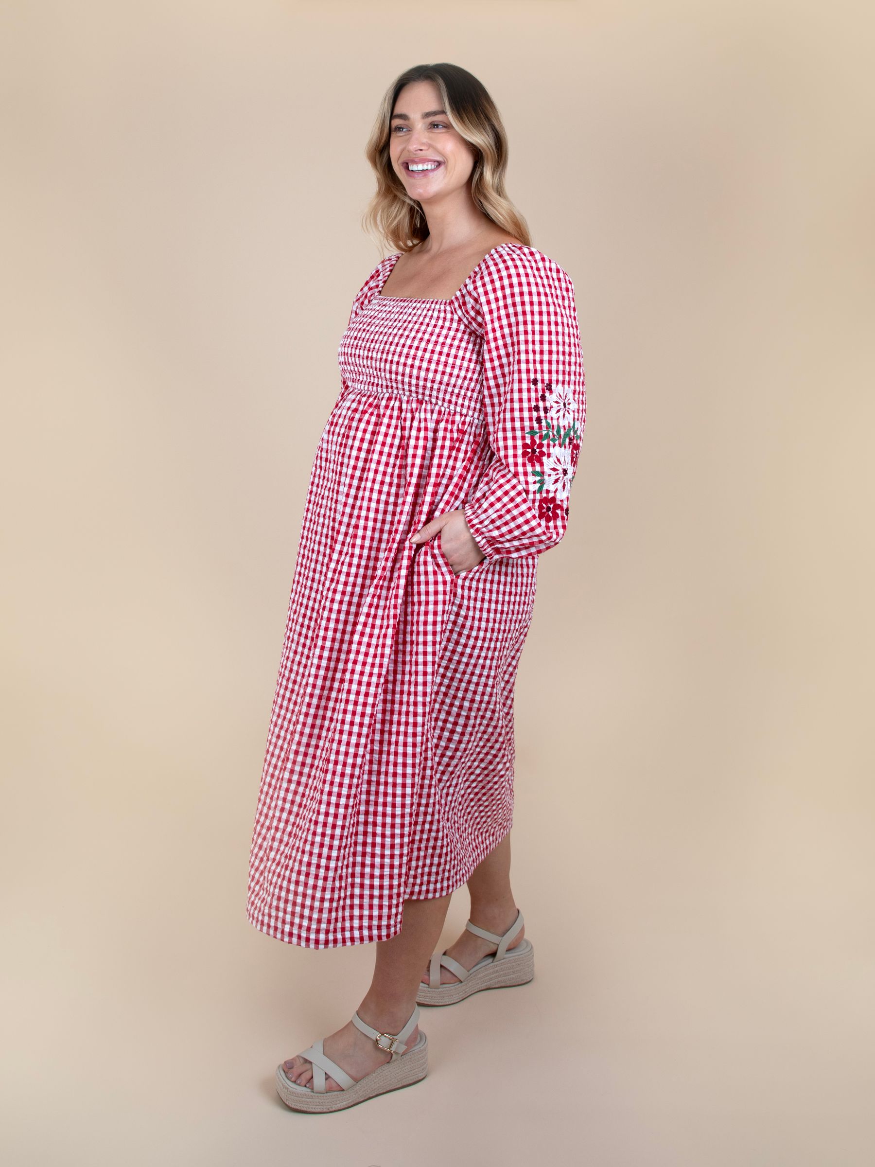 Bright Red Embroidered Puff Sleeve Shirred Gingham Maternity Midi Dress - Image 1 of 5