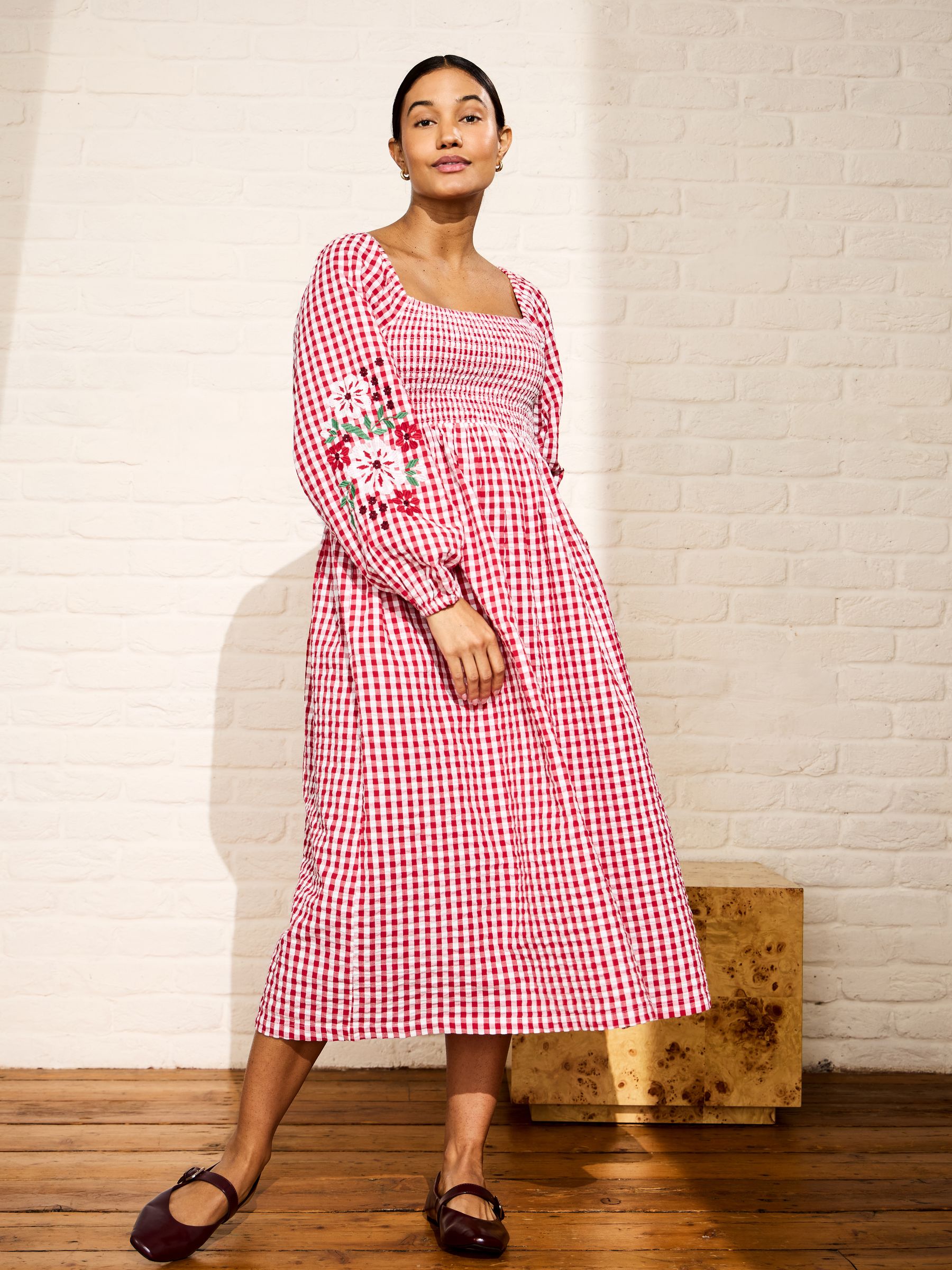 Bright Red Embroidered Puff Sleeve Shirred Gingham Maternity Midi