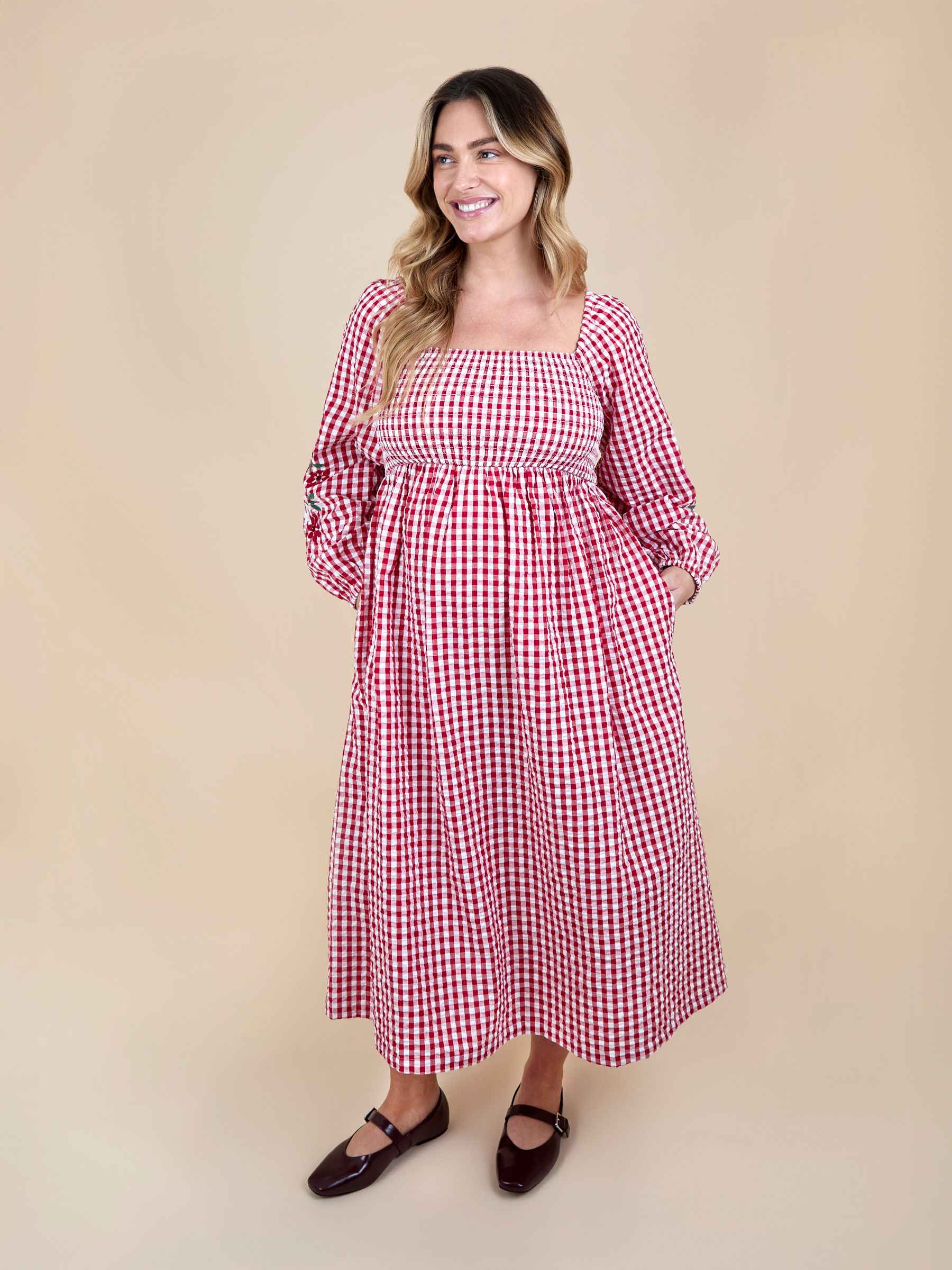 Bright Red Embroidered Puff Sleeve Shirred Gingham Maternity Midi Dress - Image 2 of 5