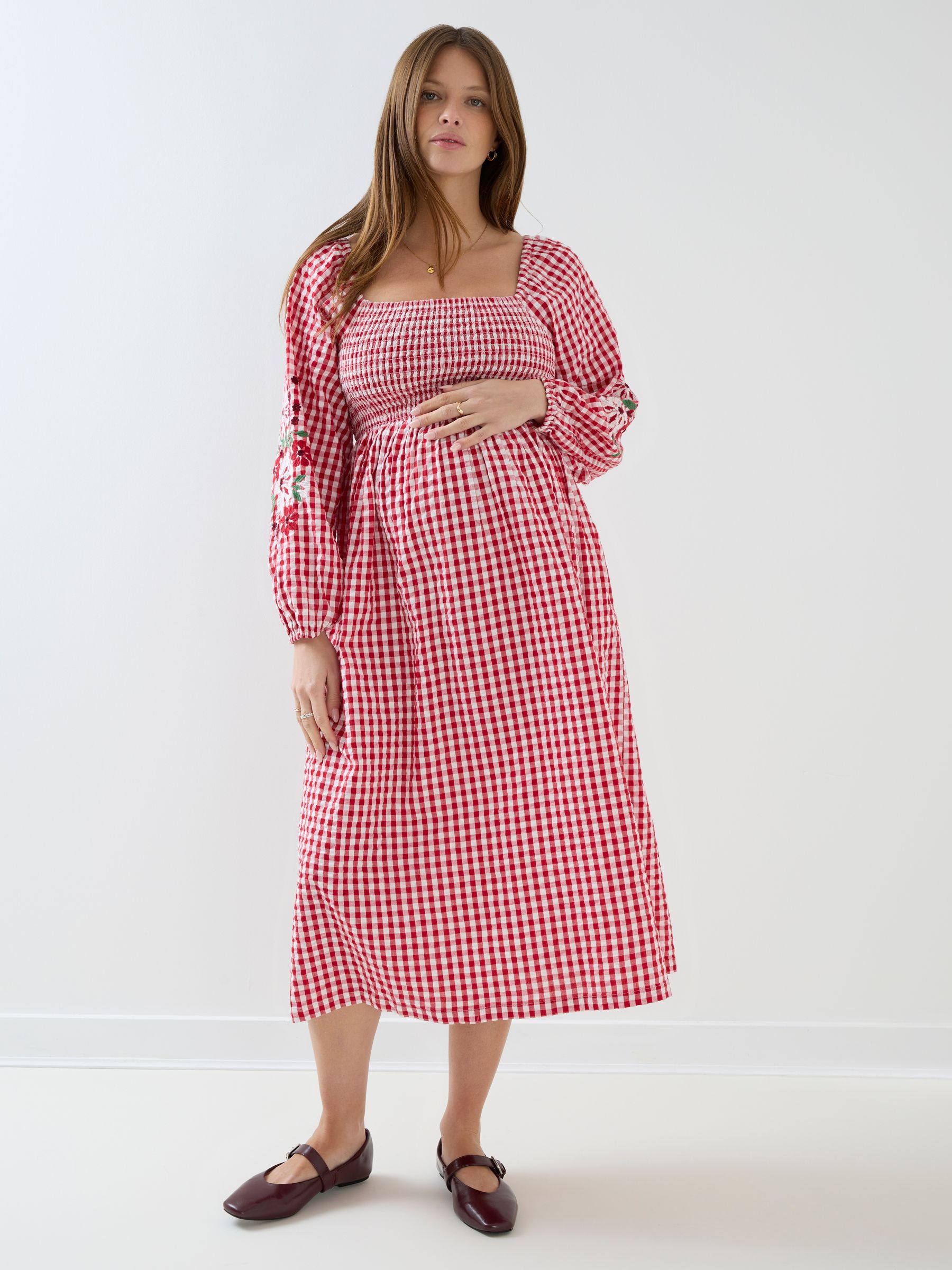 plus size gingham dress Brown Button Down Maxi modest neckline. Plus Size - Hot Pink