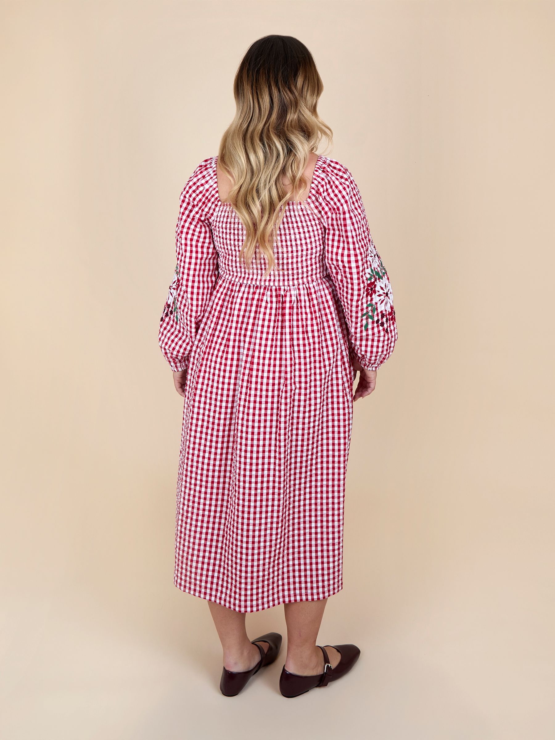 Bright Red Embroidered Puff Sleeve Shirred Gingham Maternity Midi Dress - Image 3 of 5