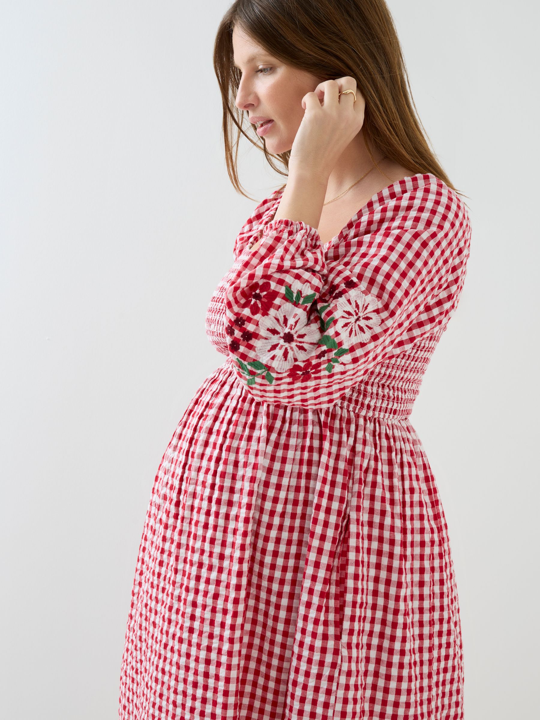 Bright Red Embroidered Puff Sleeve Shirred Gingham Maternity Midi