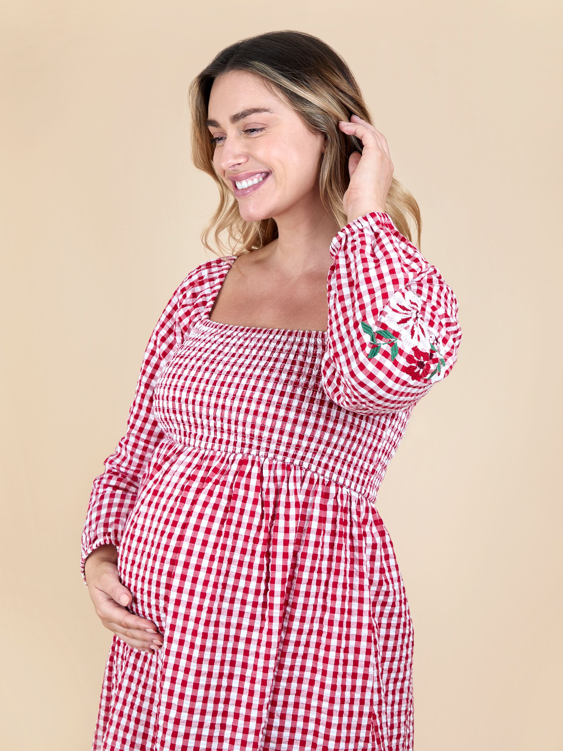 Bright Red Embroidered Puff Sleeve Shirred Gingham Maternity Midi Dress - Image 4 of 5