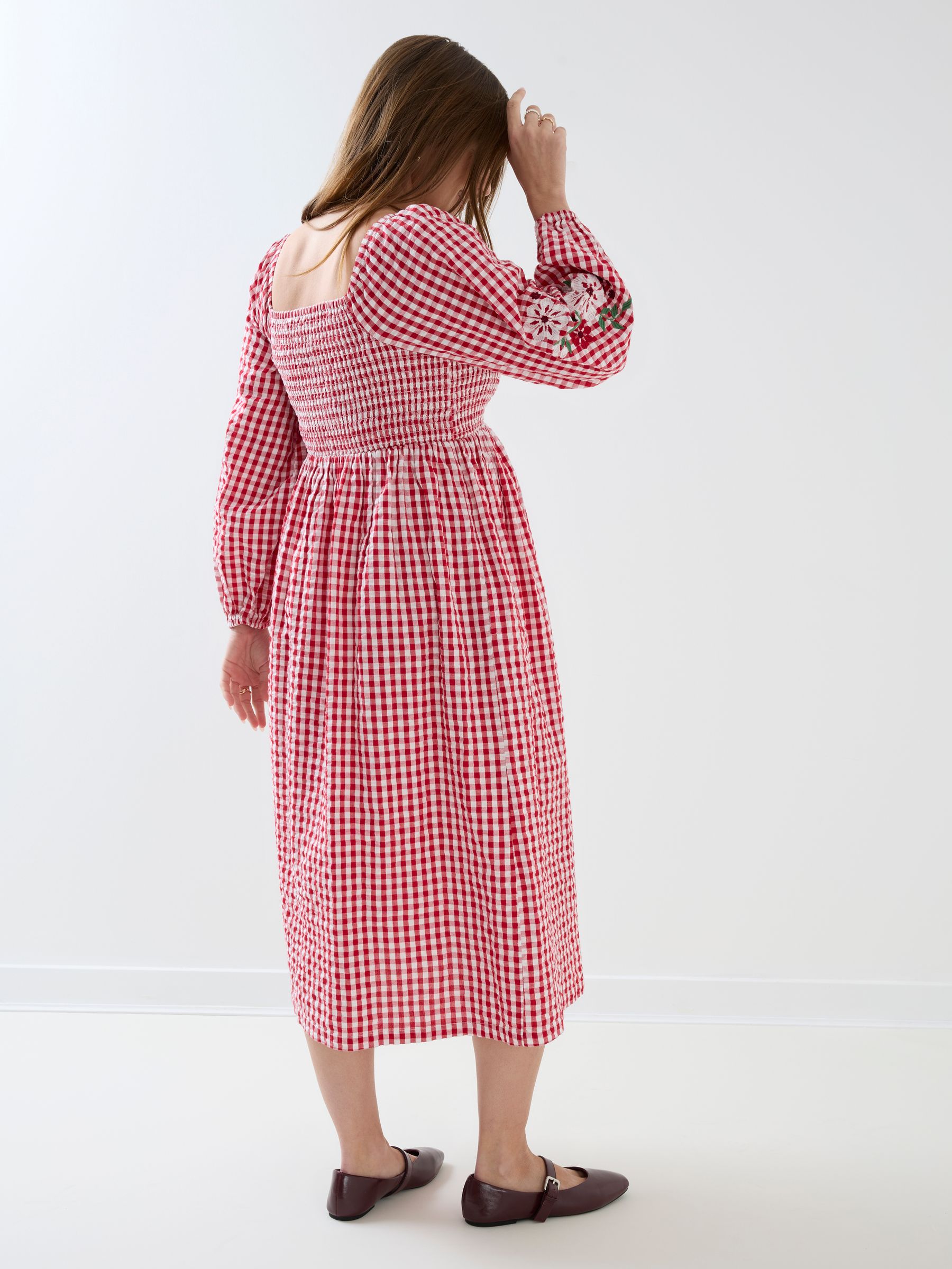 red gingham midi dress THE ODESSA SMOCKED Small XS S M Total Length 46 46 1/2 47 Chest 12 1/8 13 1/8 14 1/8 Waist 10 3/4 11 3/4 12 3/4 Sweep 62 63 64 Sleeve Length 13 3/4 14 14 1/4 L XL Total Length 47 1/2 48 Chest 15 1/8 16 1/8 Waist 13 3/4 14 3/4 Sweep 65 66 Sleeve Length 14 1/2 14 3/4 MODEL SIZES Gingham Midi Dress | Pin