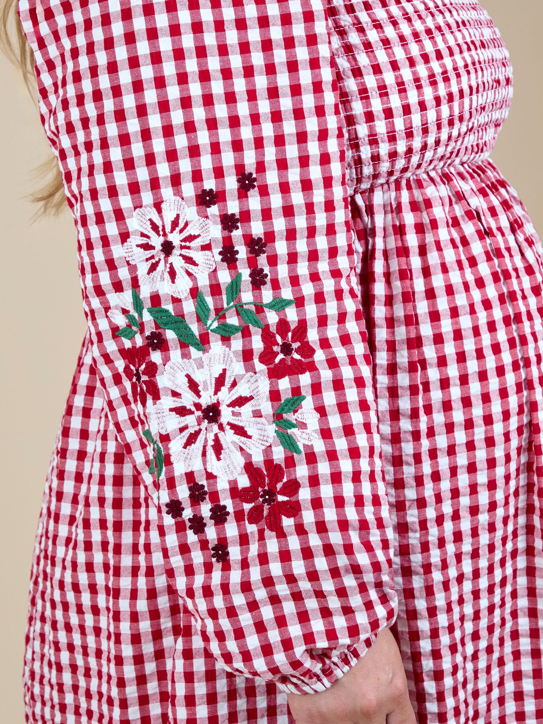 Bright Red Embroidered Puff Sleeve Shirred Gingham Maternity Midi Dress - Image 7 of 7