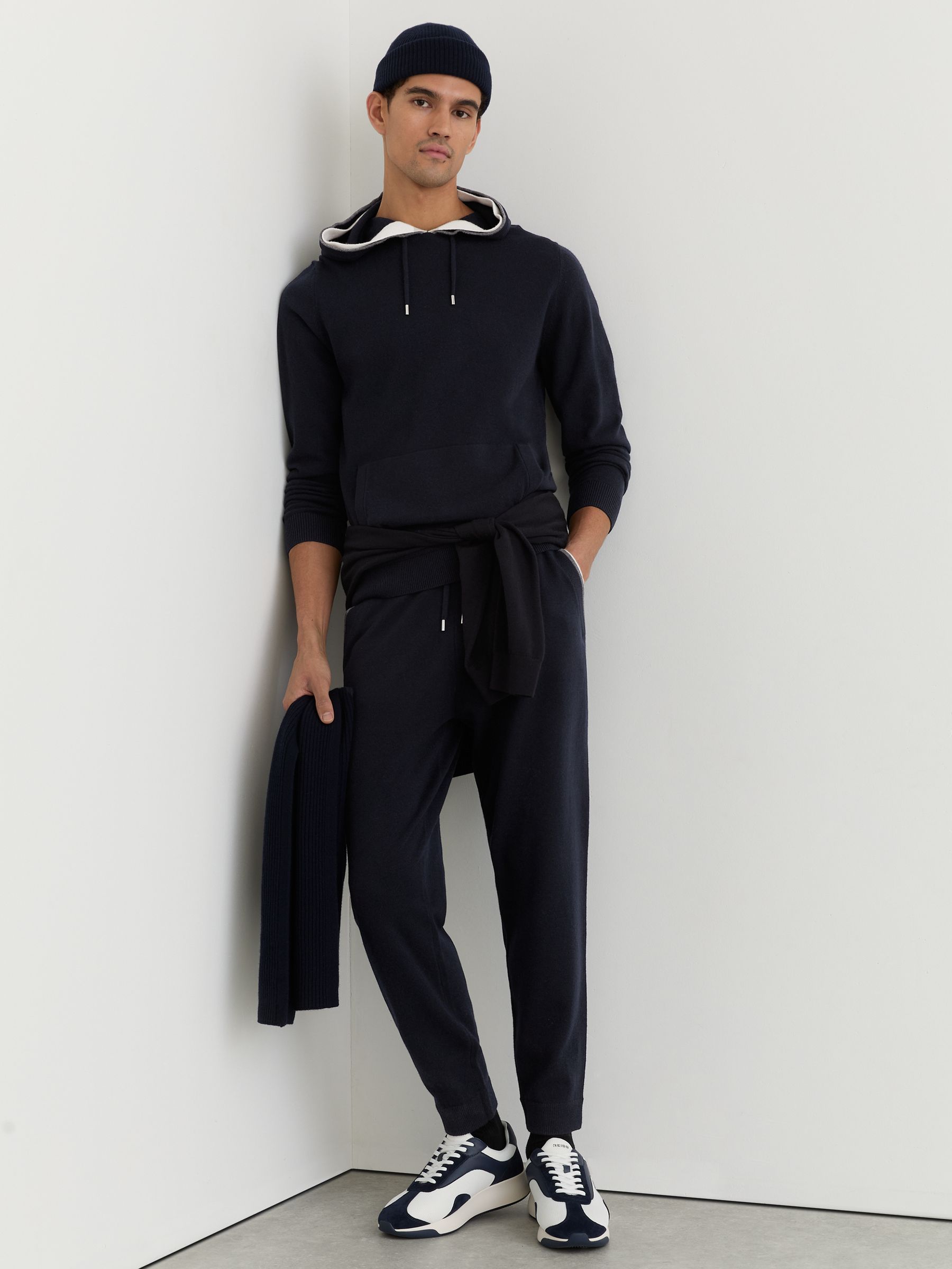 Merino Wool Tipped Hoodie in Navy - Image 3 of 6