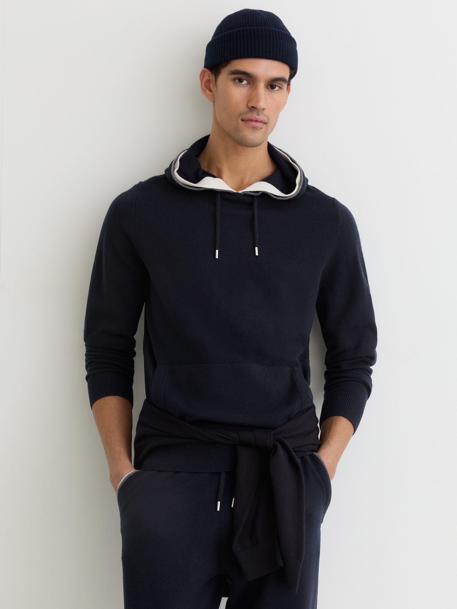 Merino Wool Tipped Hoodie in Navy - Image 4 of 6
