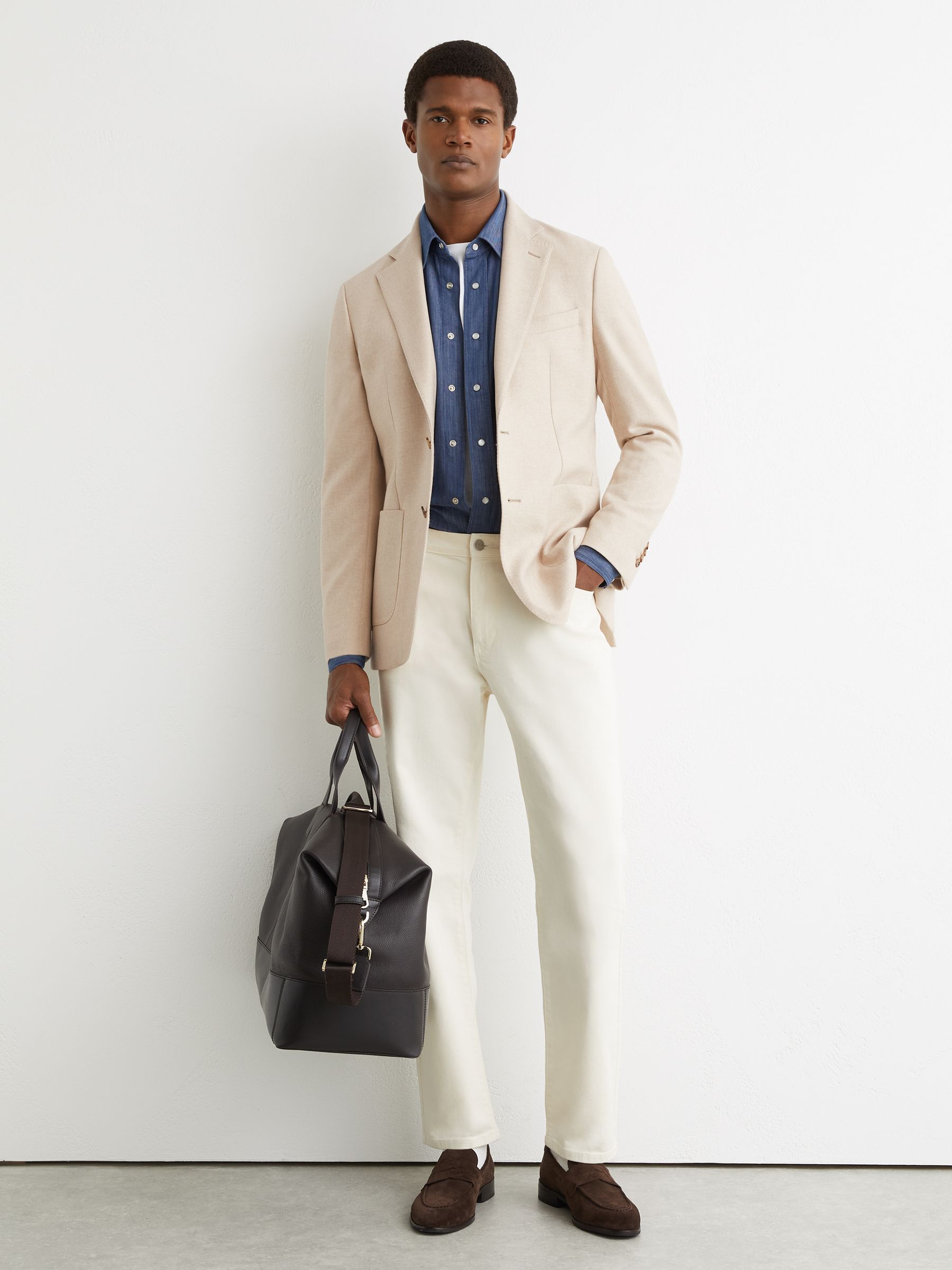 Flannel Single-Breasted Blazer Tailored-Fit with Wool in Oatmeal Brown - Image 1 of 9