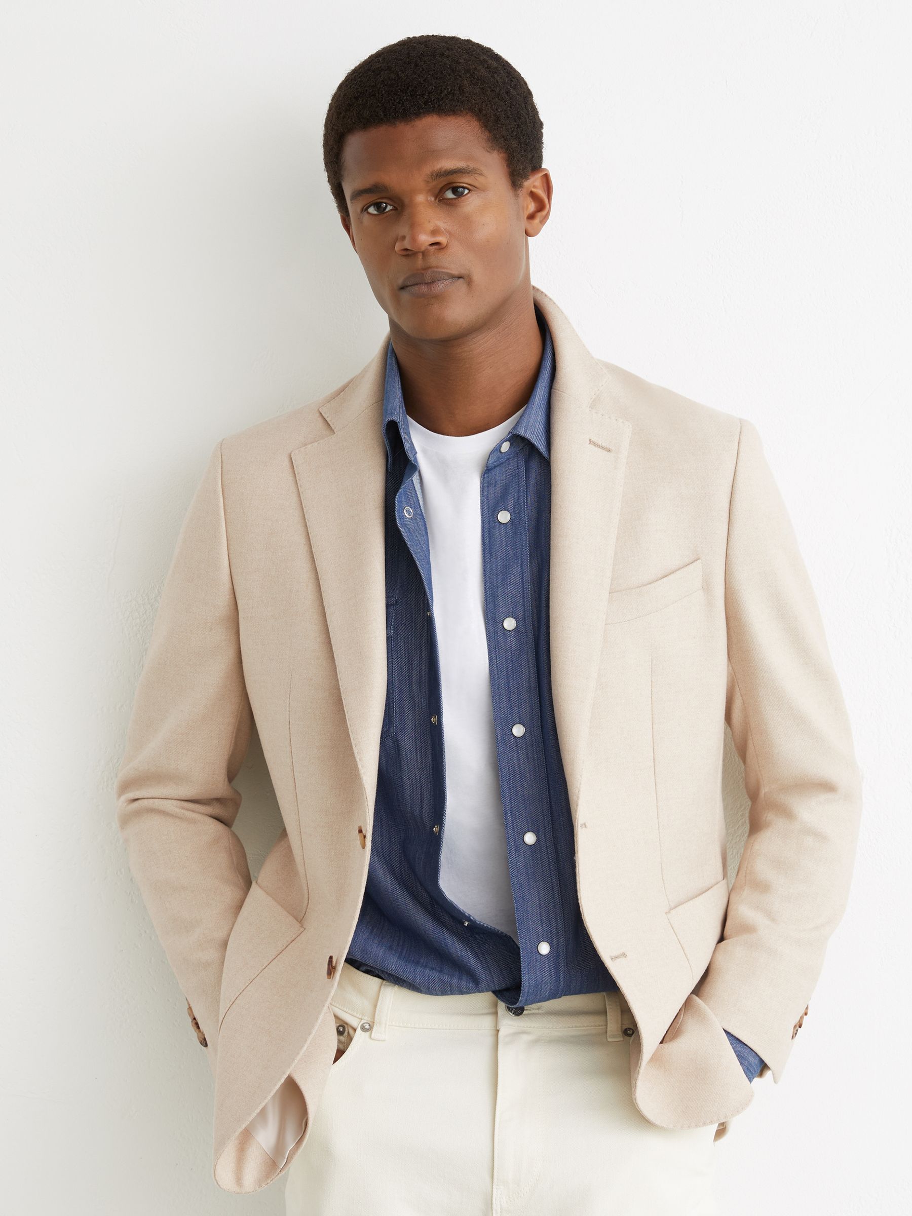 Flannel Single-Breasted Blazer Tailored-Fit with Wool in Oatmeal Brown - Image 3 of 9