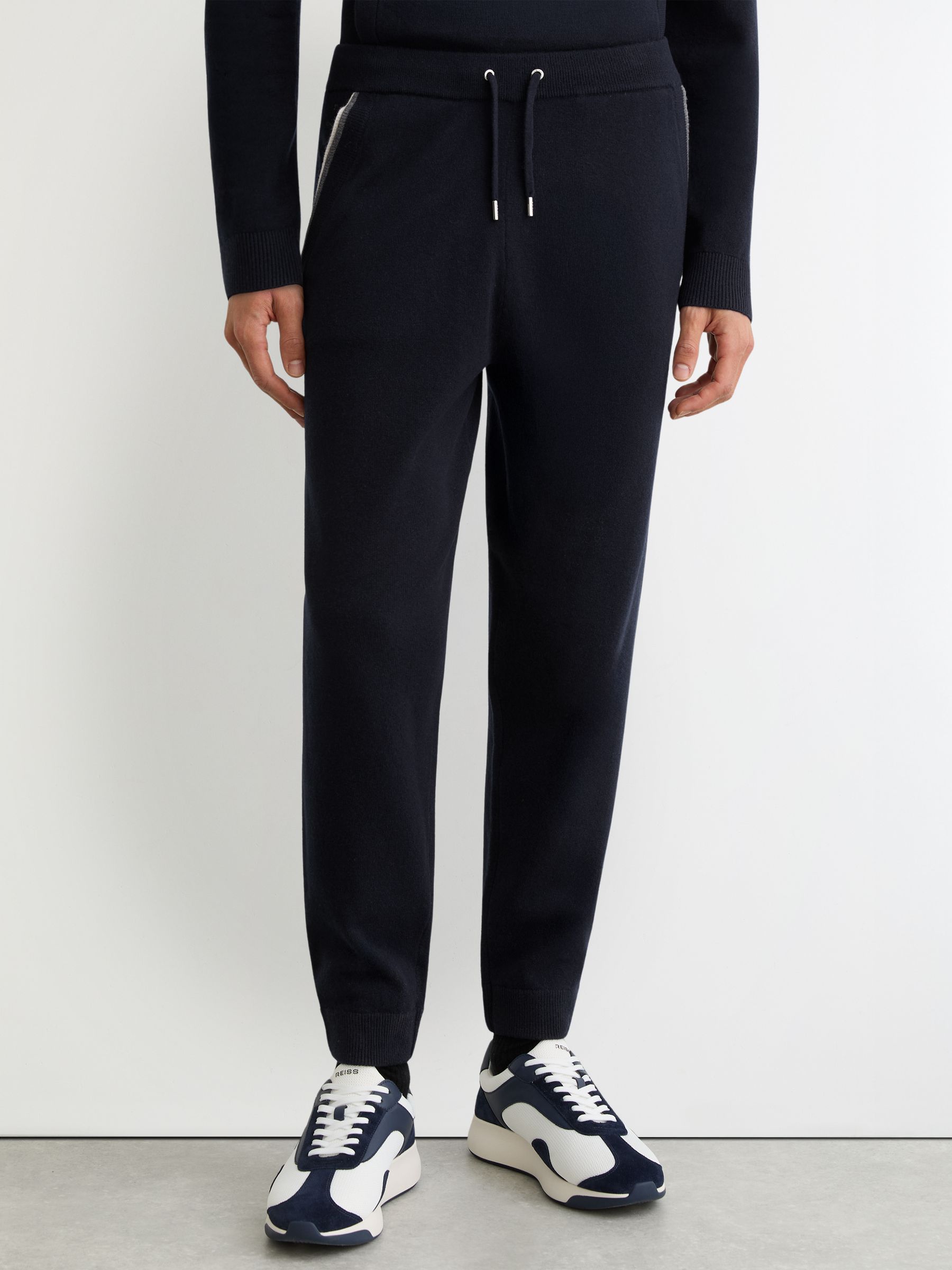 Merino Wool Tipped Drawstring Joggers in Navy - Image 3 of 6