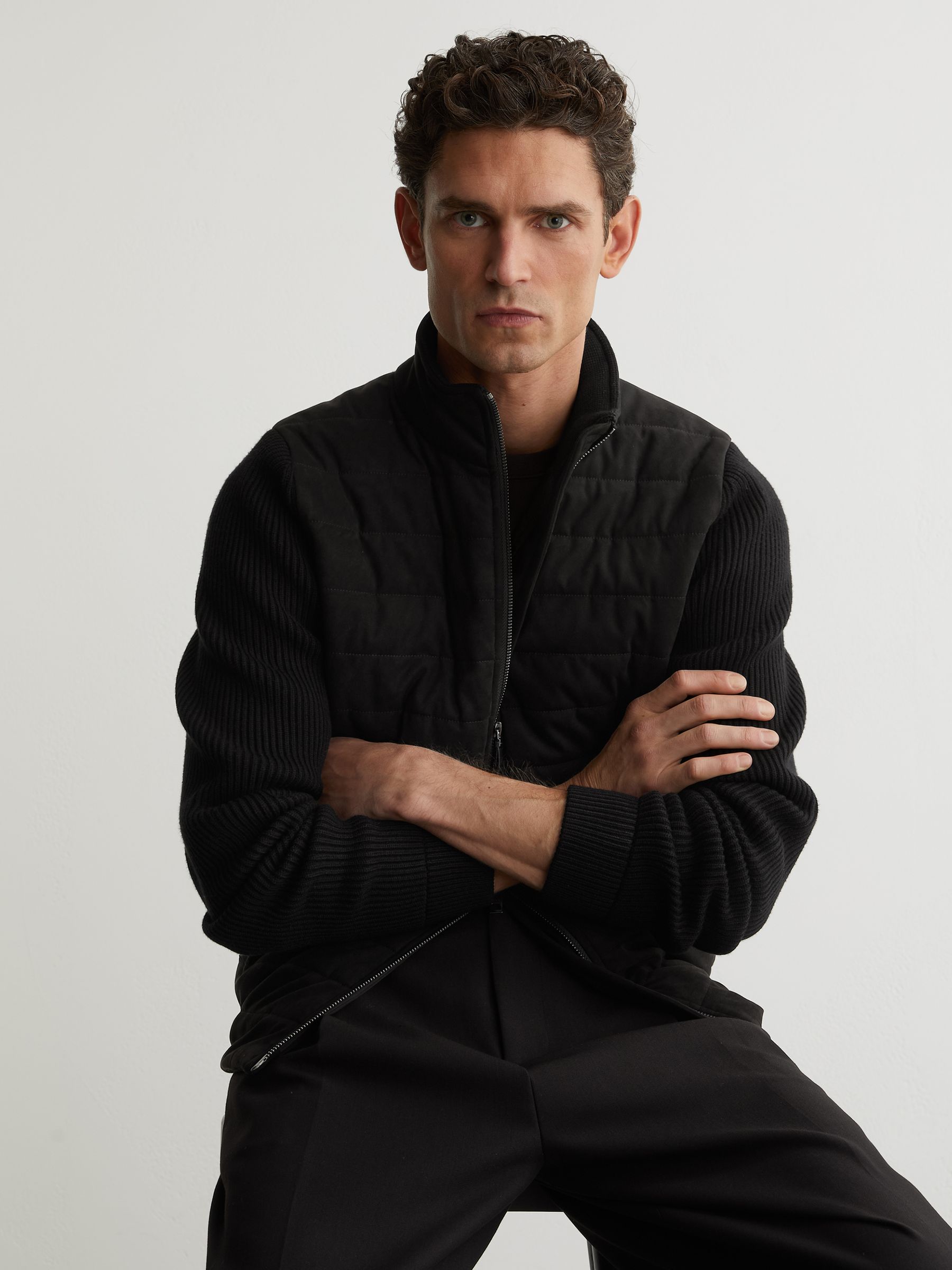 Quilted Hybrid Zip-Through Jacket in Black - Image 1 of 8