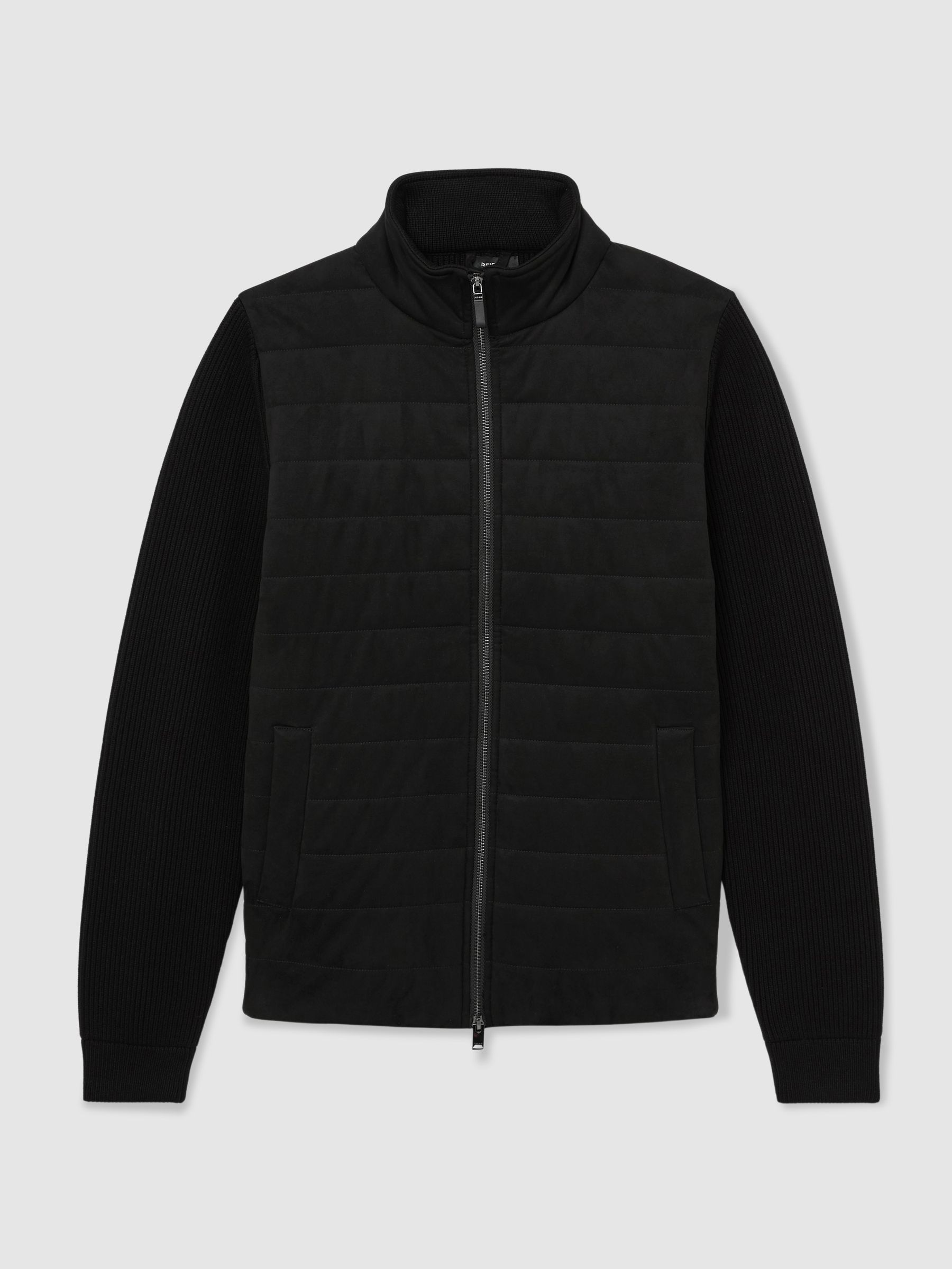 Quilted Hybrid Zip-Through Jacket in Black - Image 2 of 8