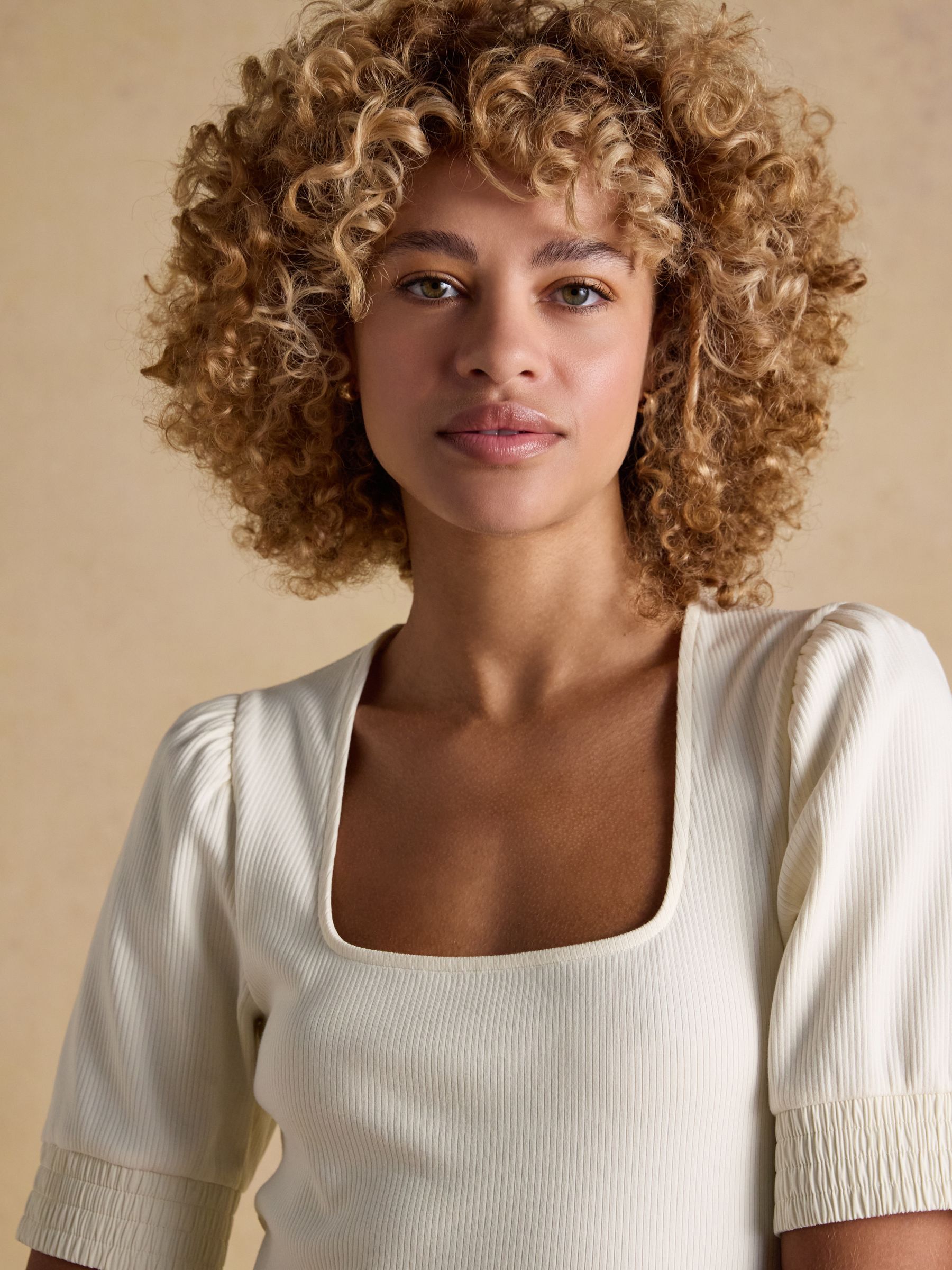 Tabitha Cream Ribbed Square Neck Jersey Top with Puff Sleeves - Image 4 of 8