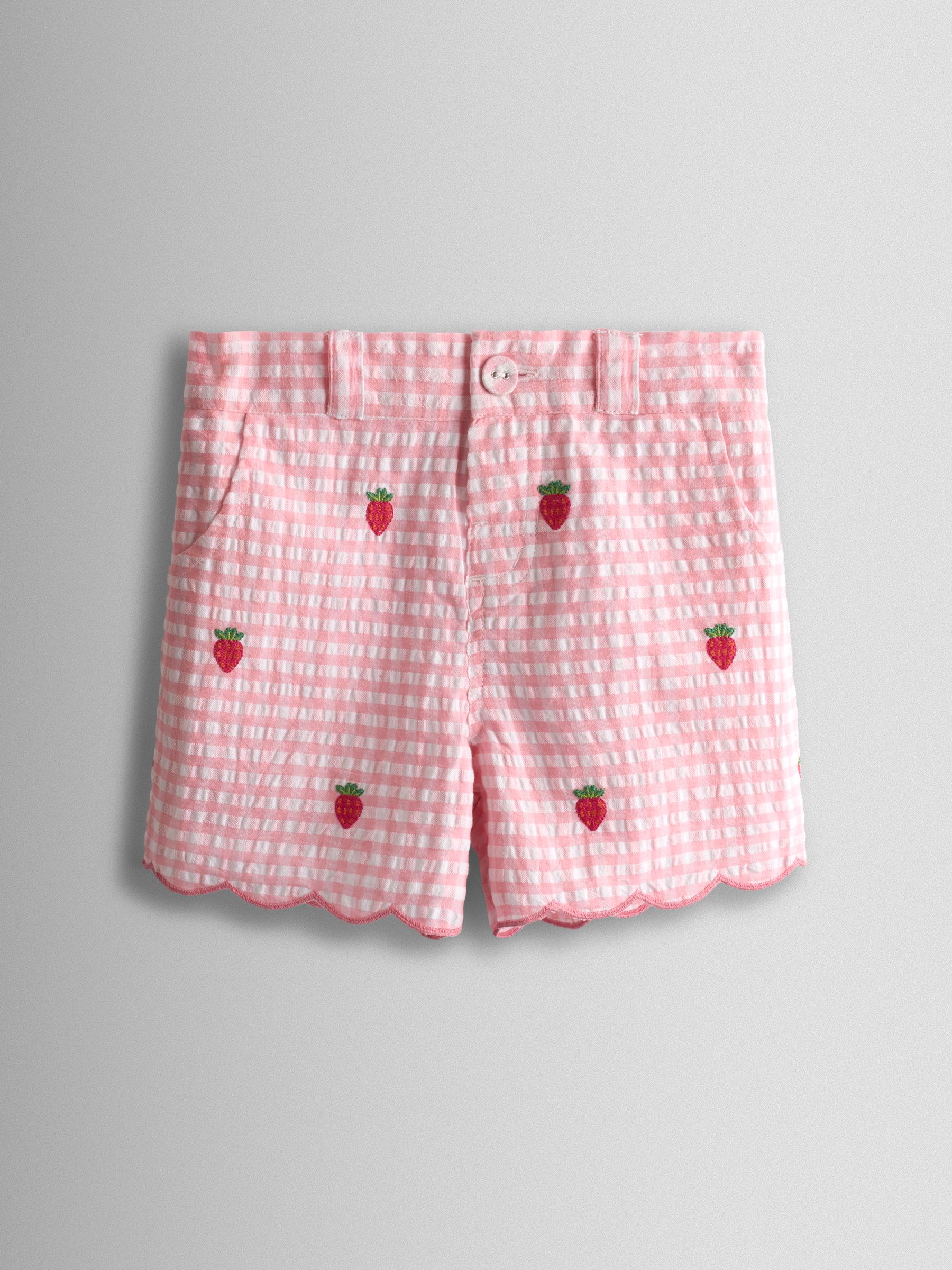 Pink Strawberry Scallop Hem Embroidered Shorts - Image 1 of 4