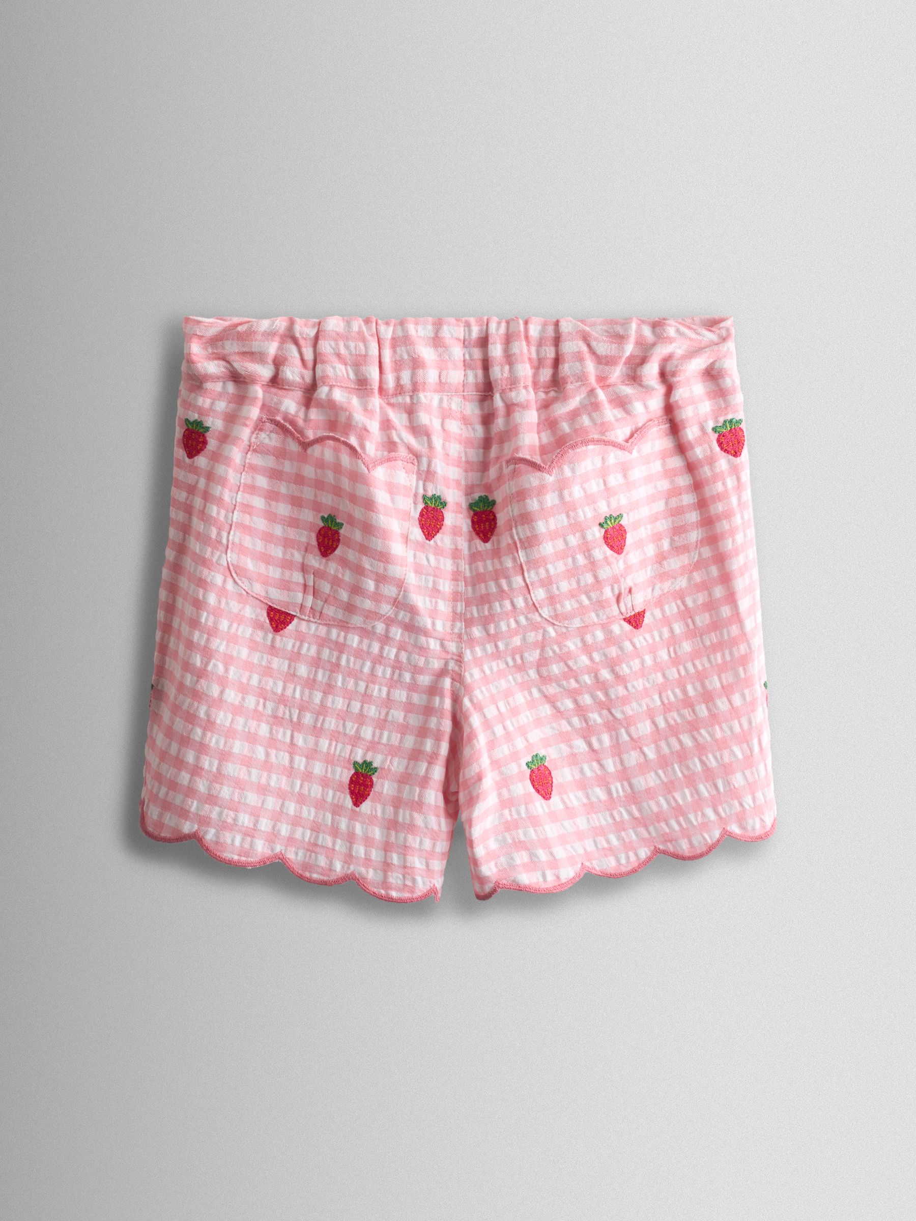 Pink Strawberry Scallop Hem Embroidered Shorts - Image 2 of 4