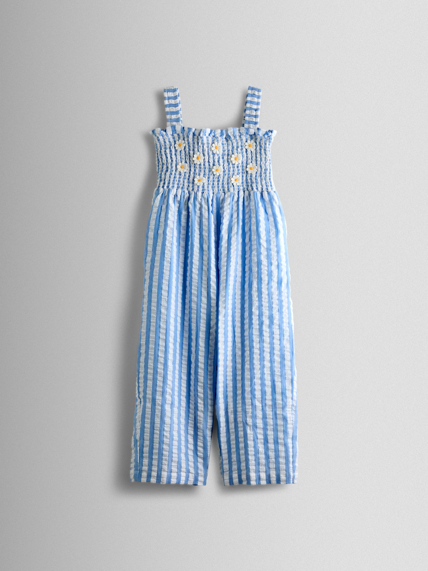 Blue Stripe Daisy Smocked Bodice Strappy Jumpsuit - Image 1 of 4