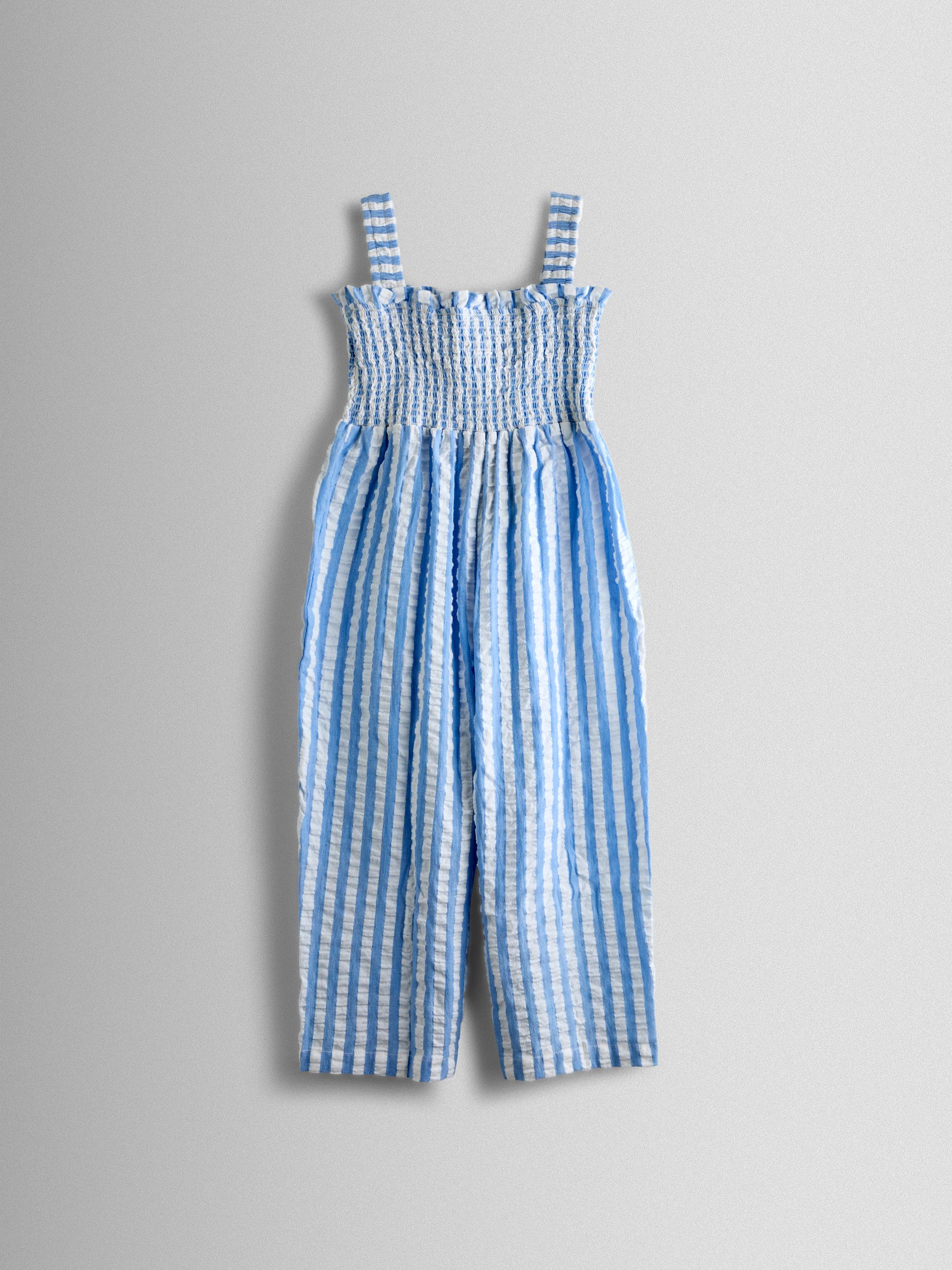 Blue Stripe Daisy Smocked Bodice Strappy Jumpsuit - Image 2 of 4