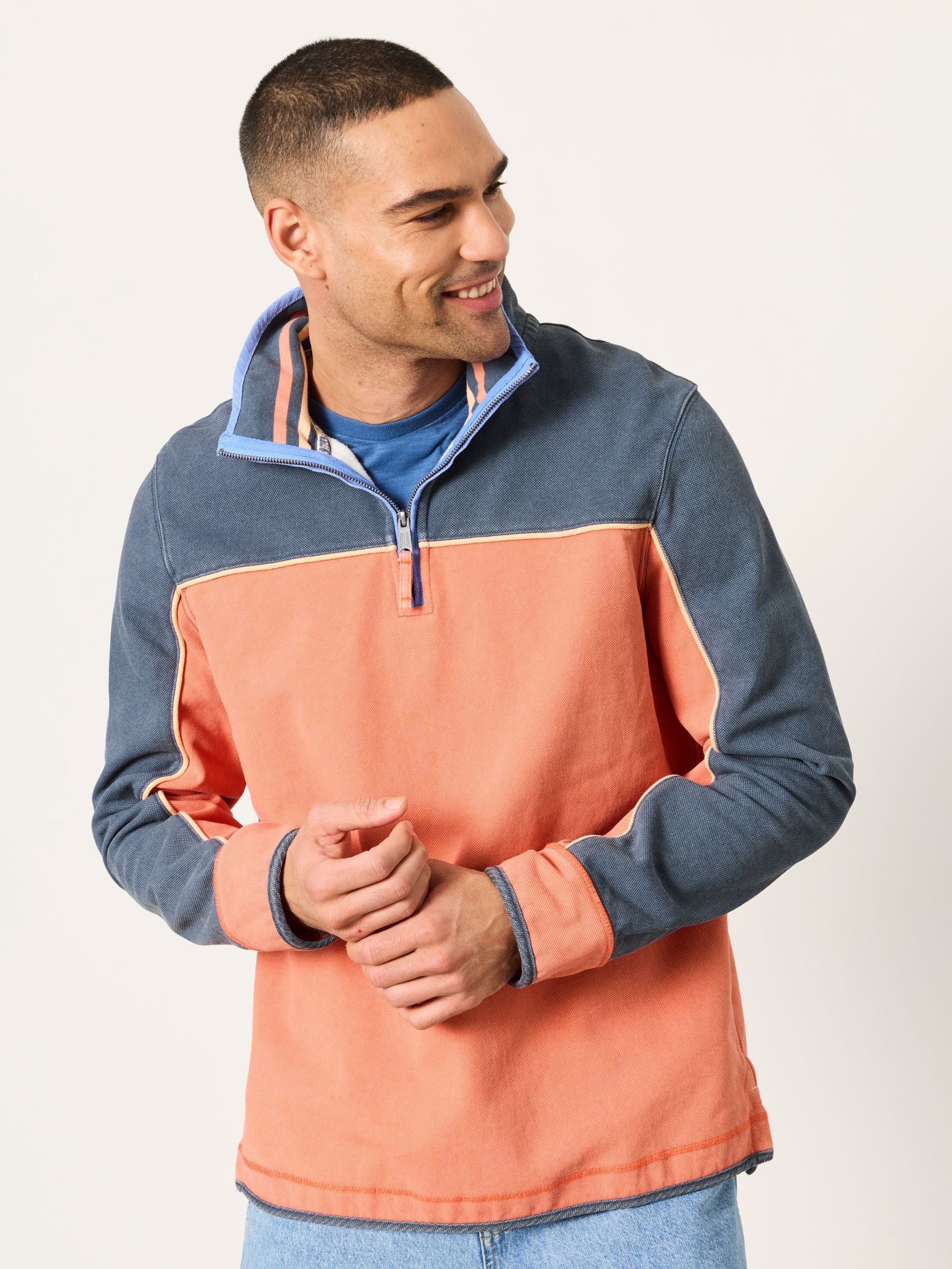 Airlie Coral Pink Stripe Quarter Neck Sweat Top - Image 1 of 6