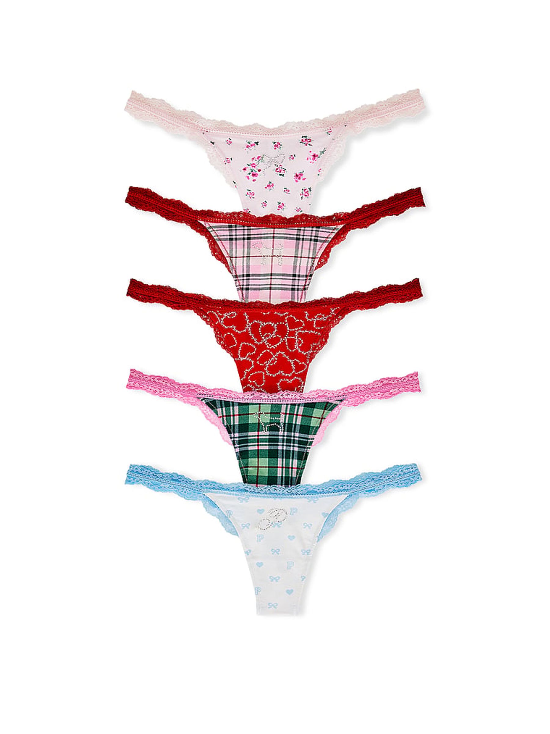 Pink/Red/Green/Blue Thong Knickers 5 Pack - Image 1 of 2