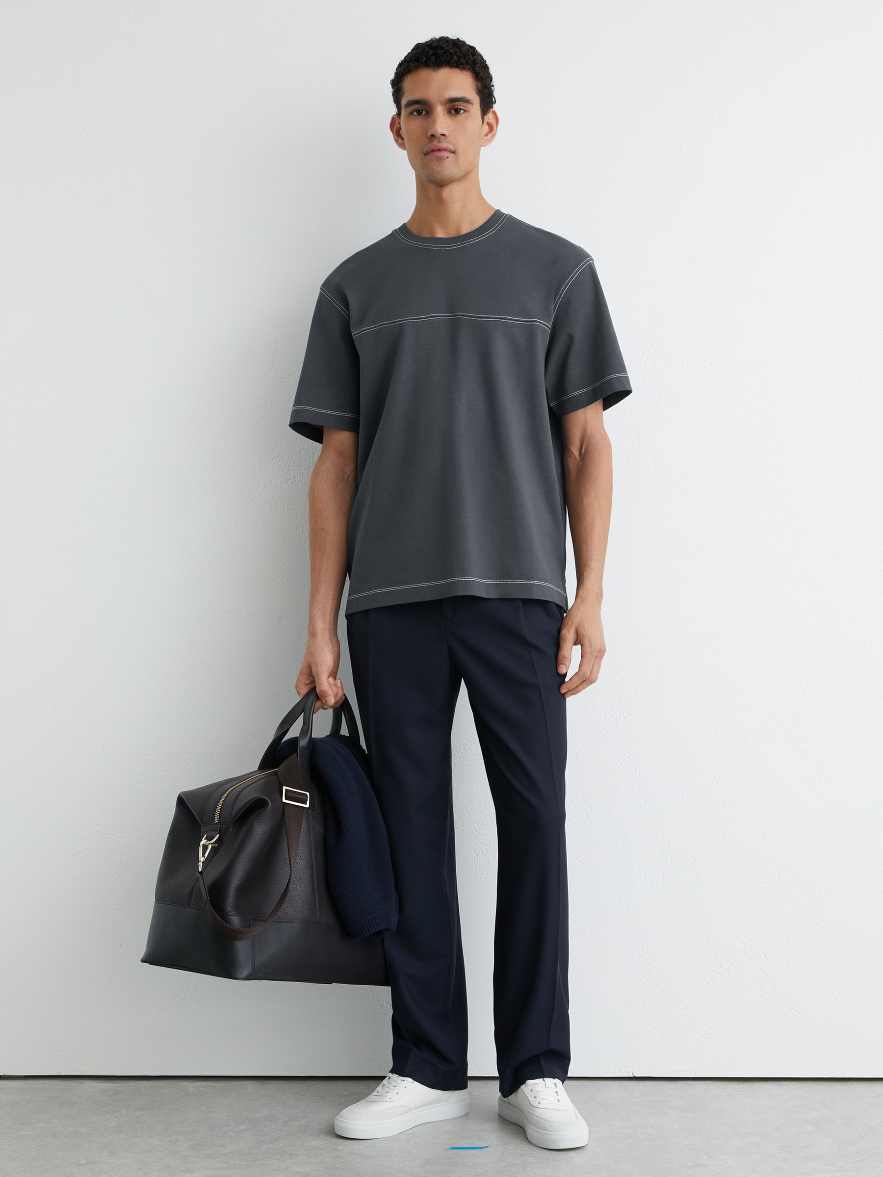 Cotton Contrast-Stitch Oversize T-Shirt in Petrol Blue - Image 3 of 6