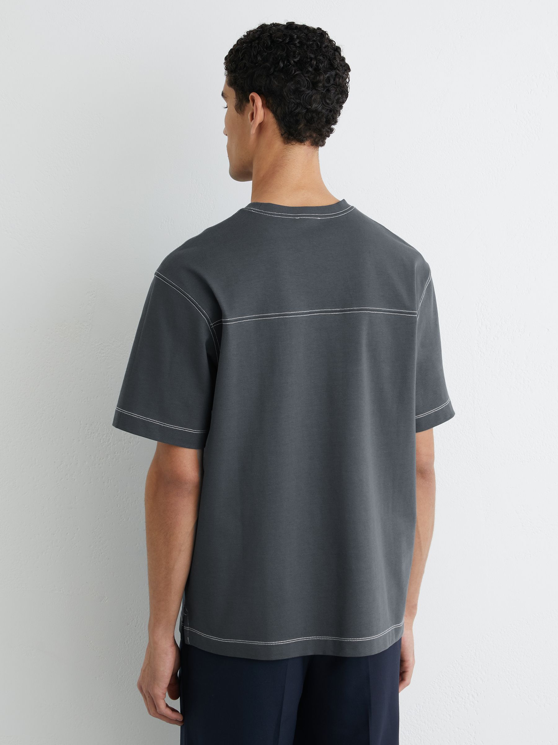 Cotton Contrast-Stitch Oversize T-Shirt in Petrol Blue - Image 5 of 6