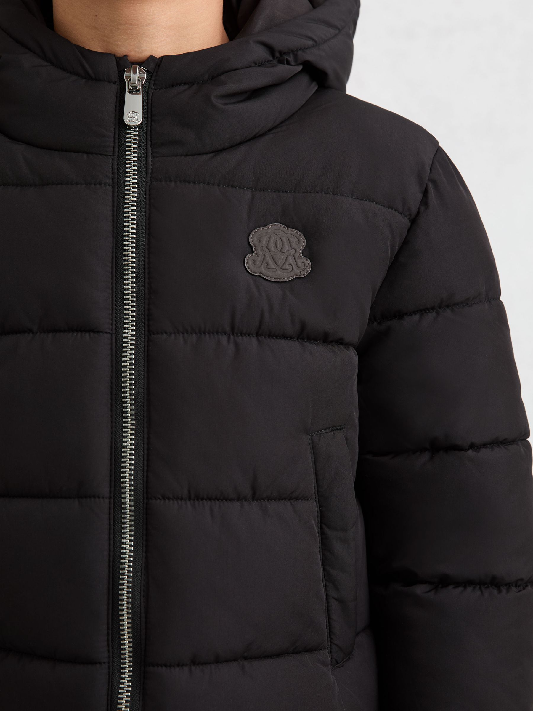 9-13 yrs Monogram Hooded Relaxed Puffer Jacket in Black - Image 1 of 4