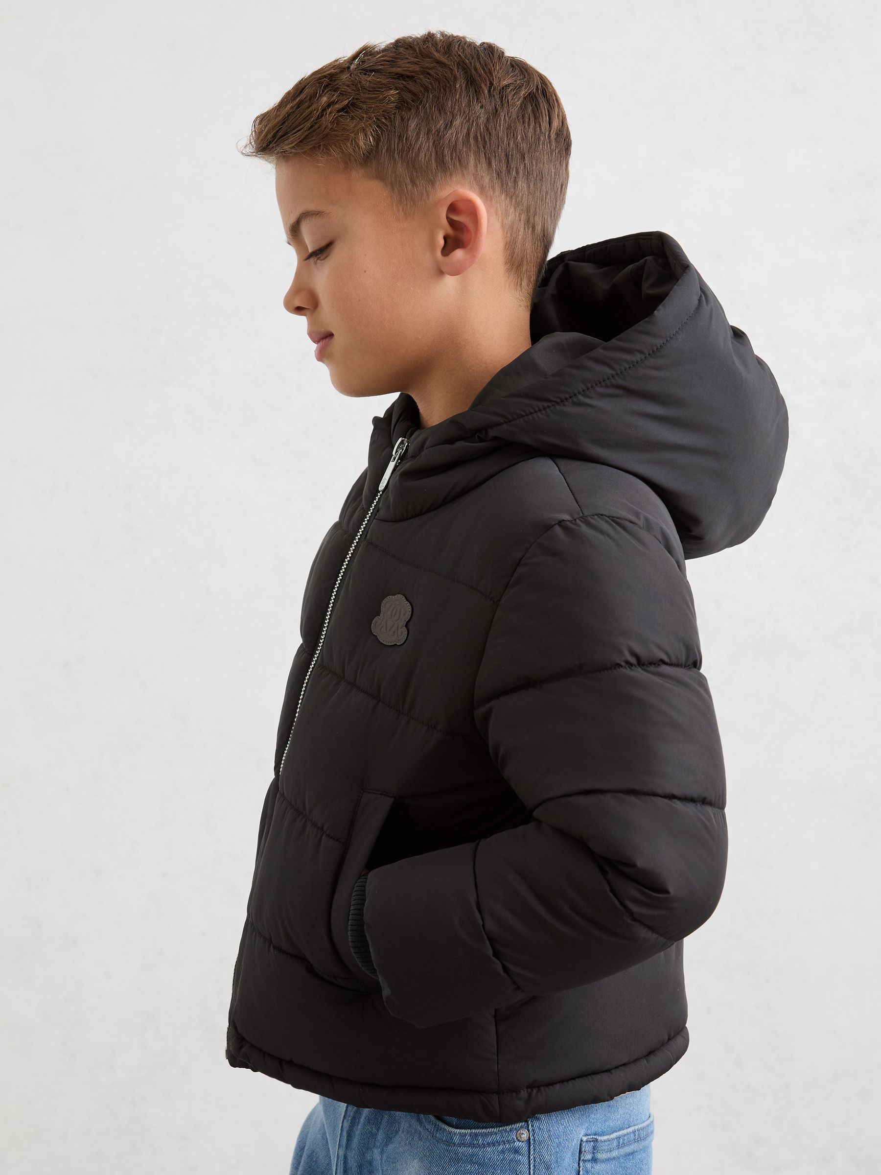 9-13 yrs Monogram Hooded Relaxed Puffer Jacket in Black - Image 3 of 4