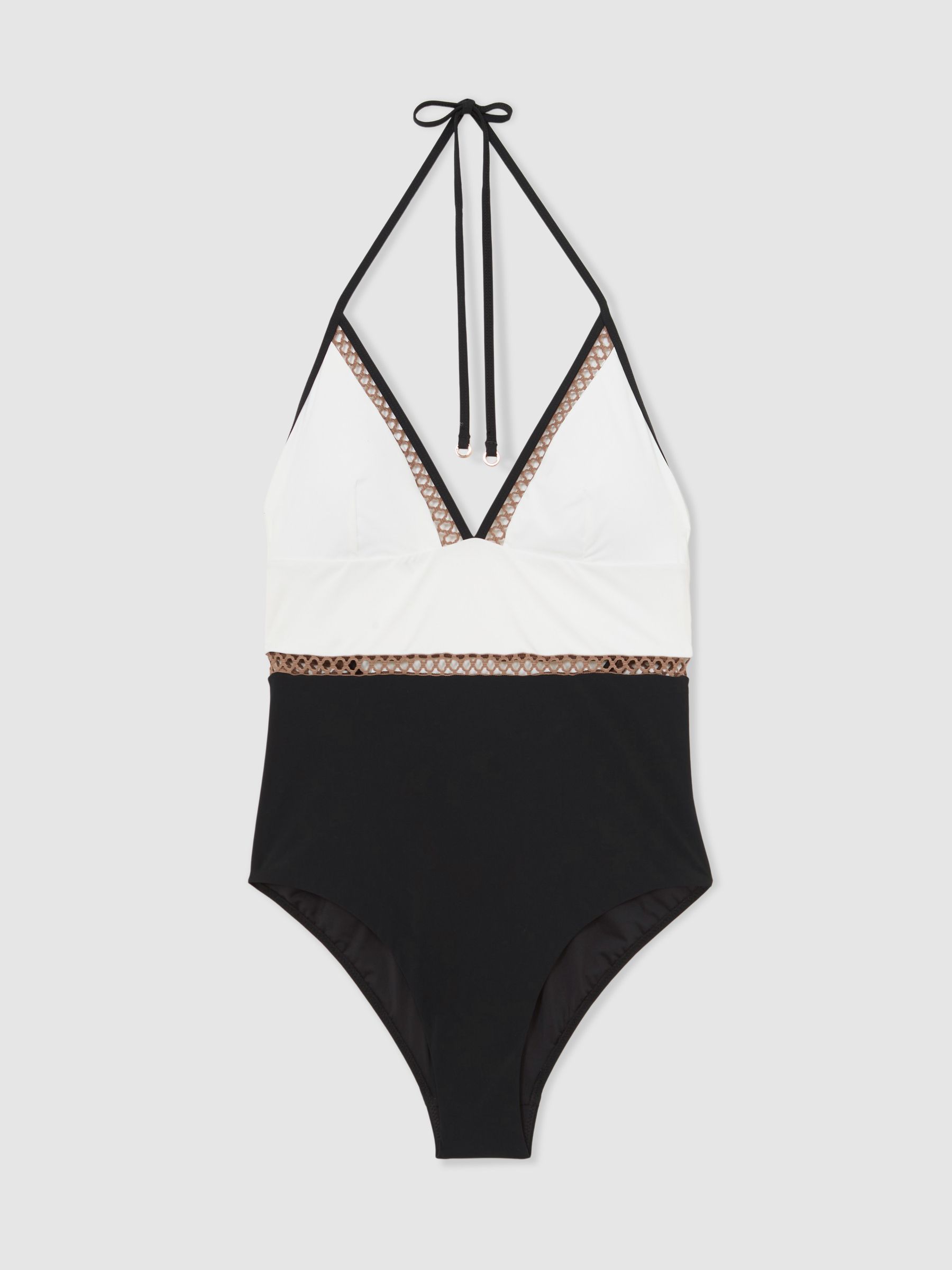 Colour-Block Lattice-Trim Swimsuit in White/Tan