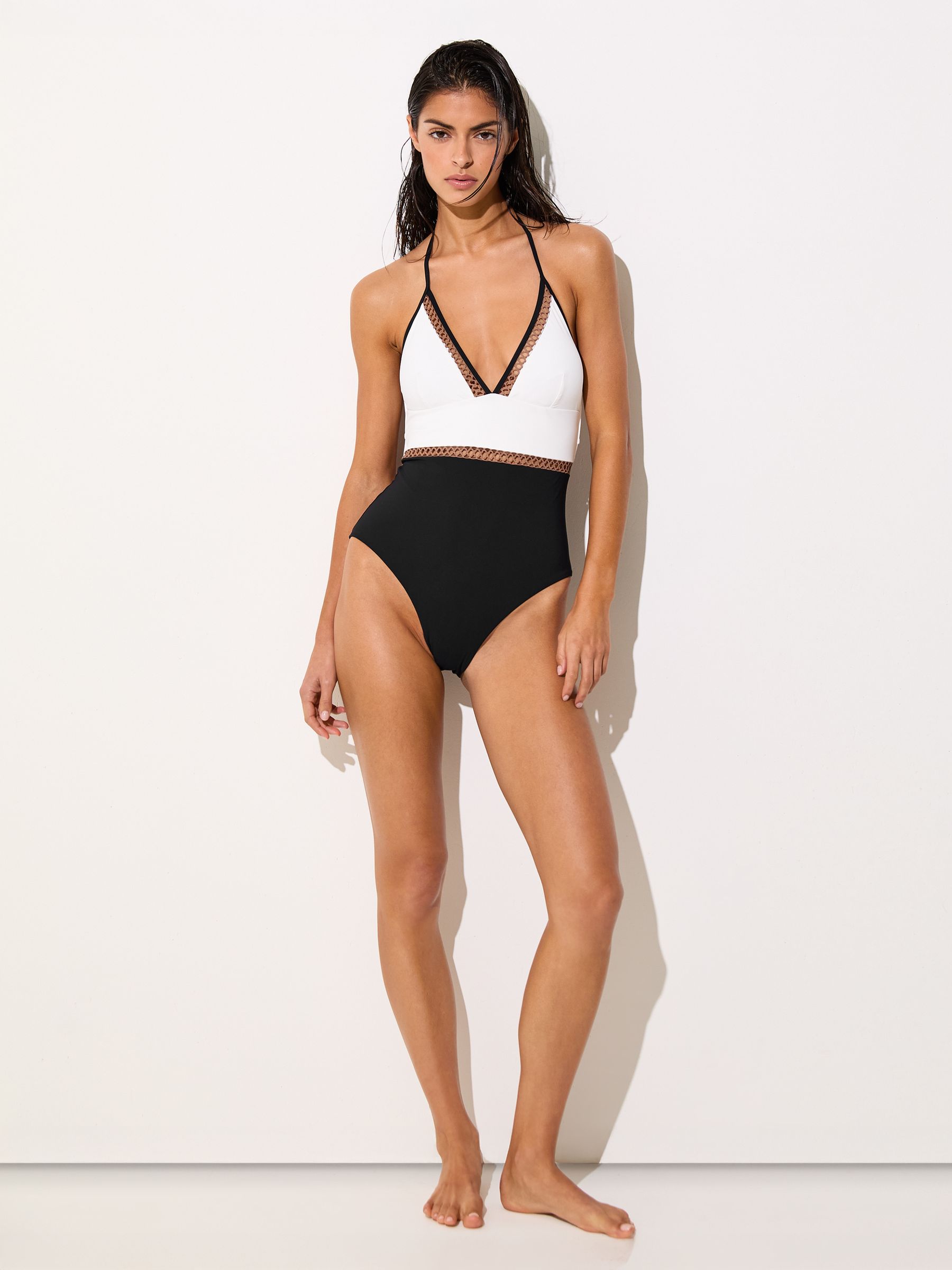 Colour-Block Lattice-Trim Swimsuit in White/Tan - image 4