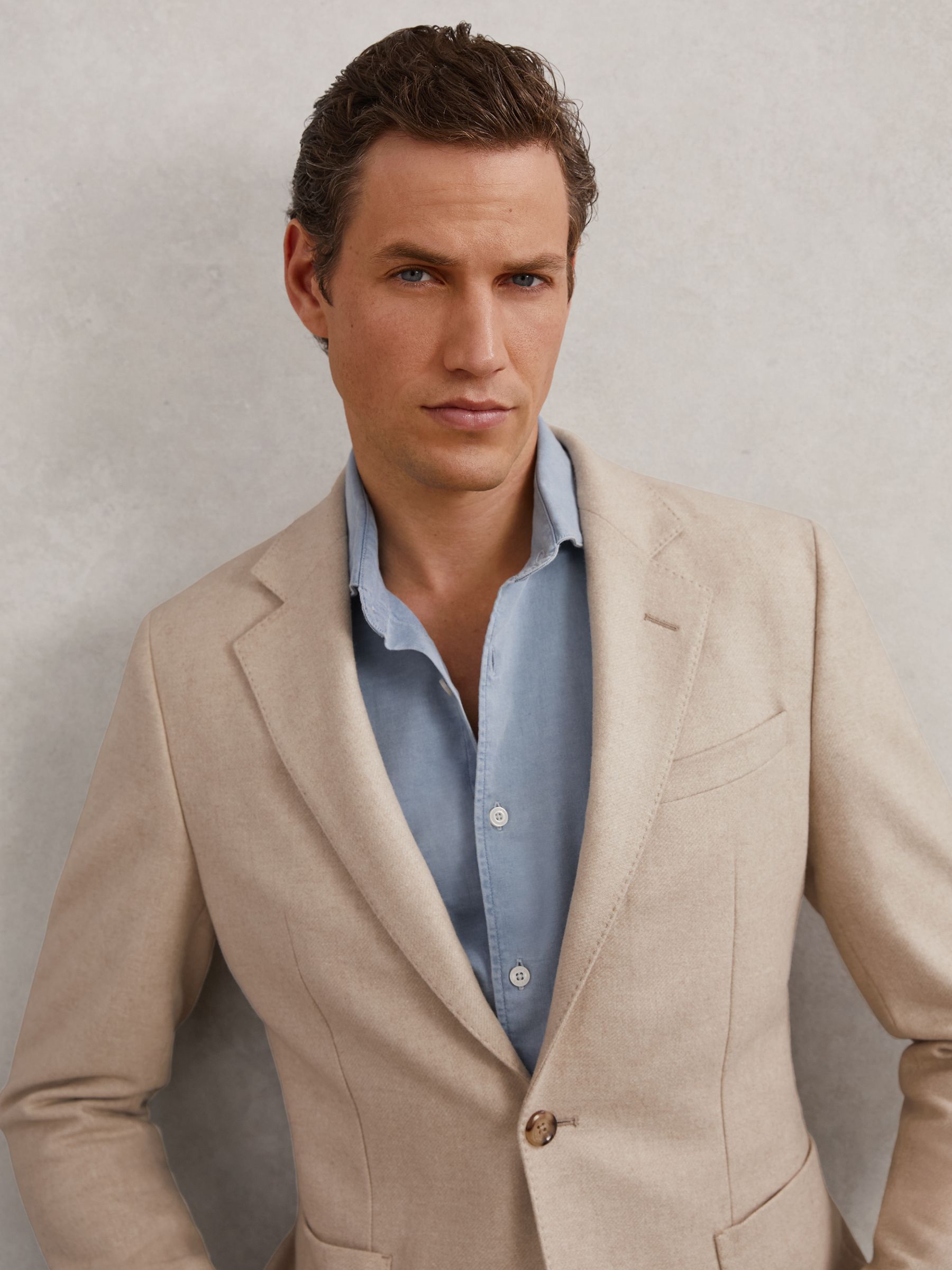 Flannel Single-Breasted Blazer Tailored-Fit with Wool in Oatmeal Brown - Image 1 of 6