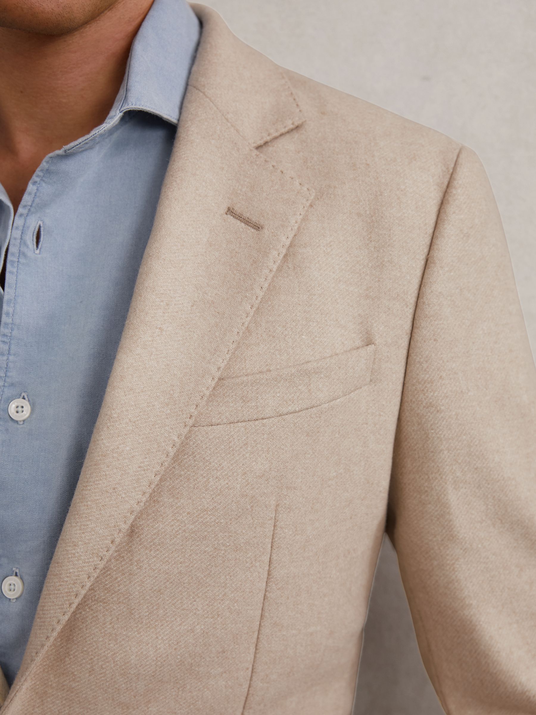 Flannel Single-Breasted Blazer Tailored-Fit with Wool in Oatmeal Brown - Image 3 of 6