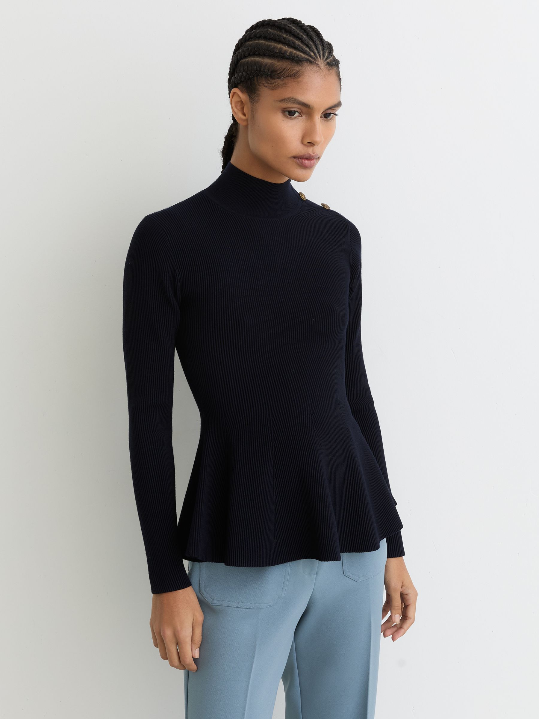 Rib-Knit High-Neck Peplum Top in Navy - Image 1 of 6